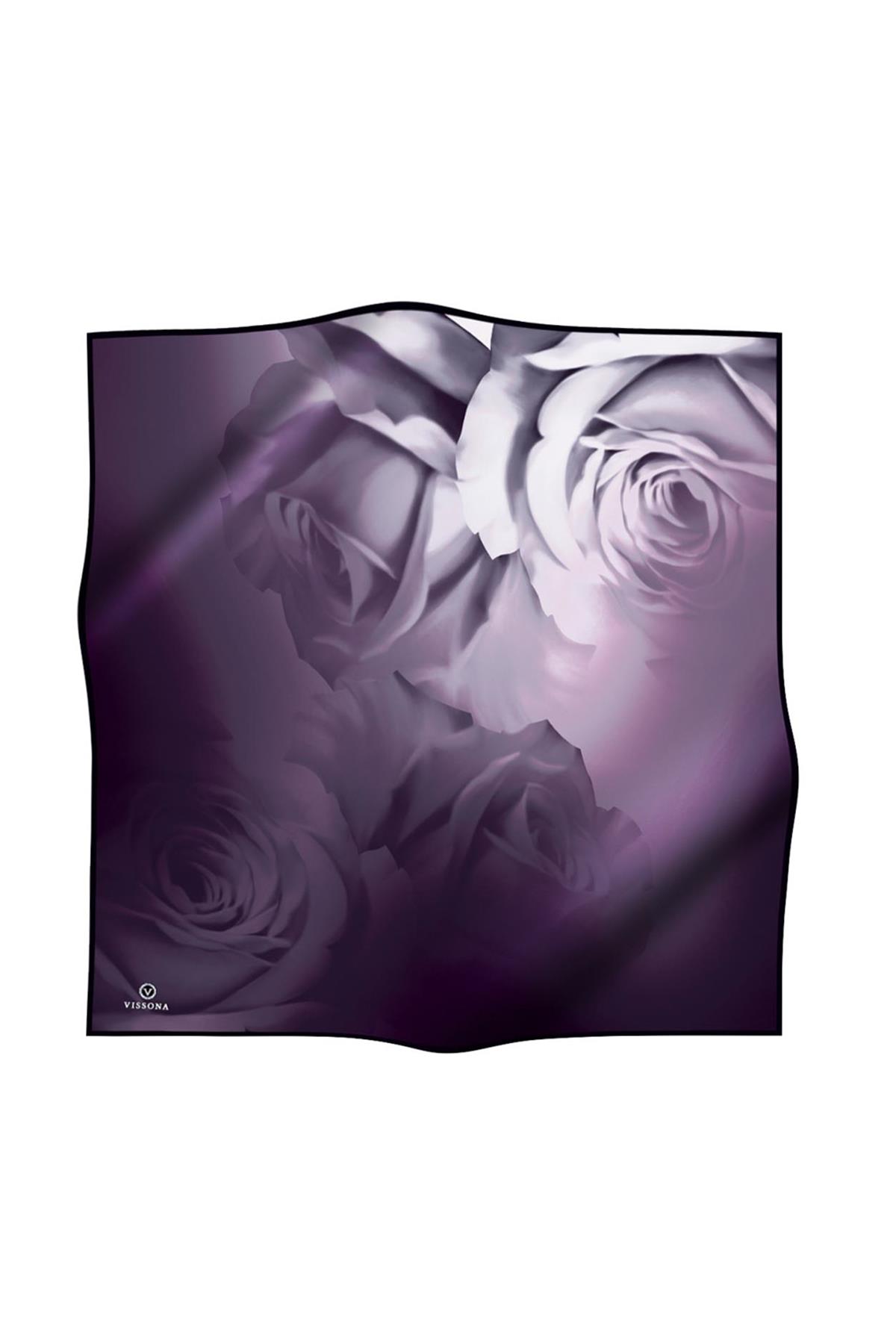 %100 Twill İpek Gül Desenli Lila Renkli 90x90 Eşarp Dikim Şekli : El Dikişi