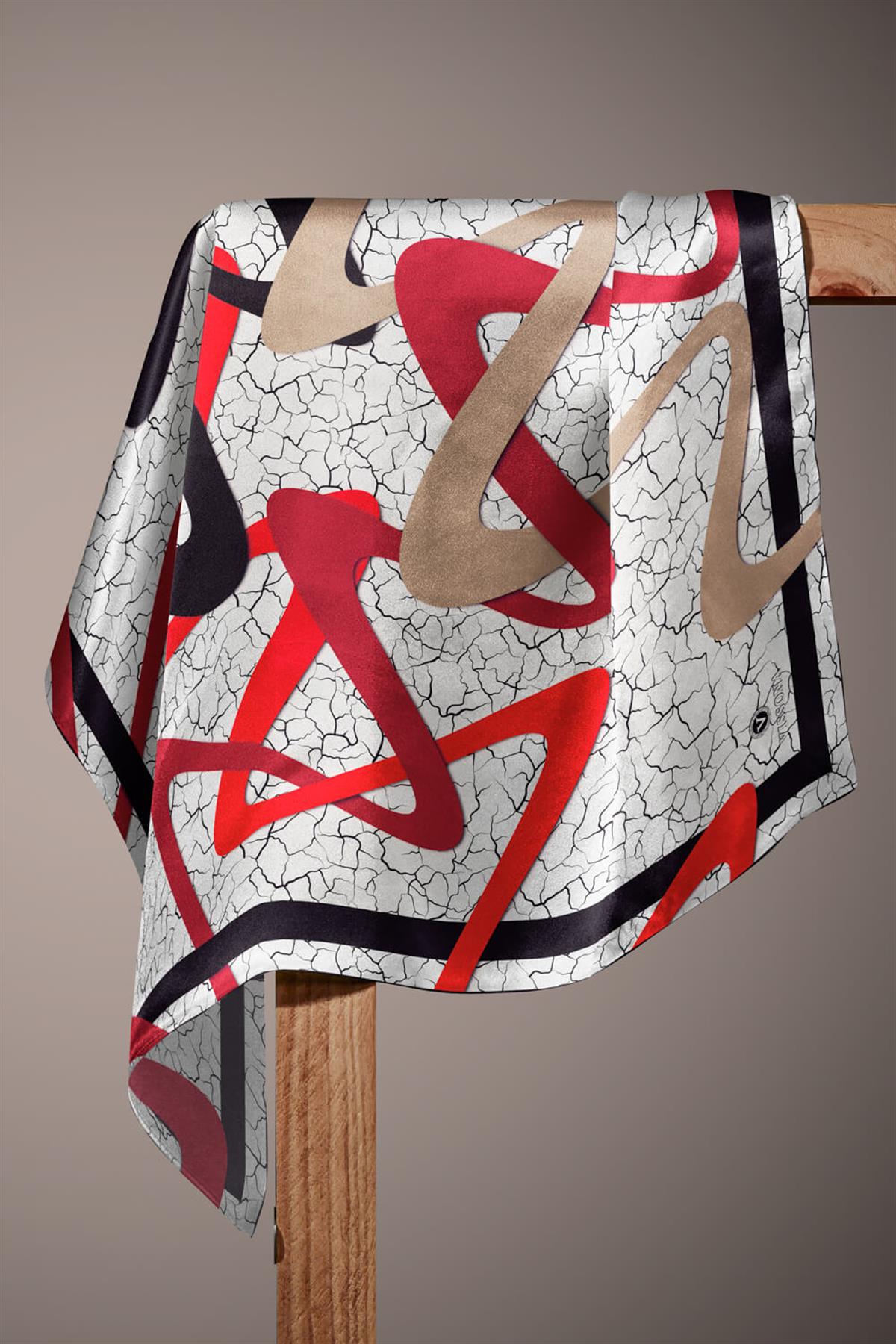 %100 Twill İpek Geometrik Ve Çatlak Desenli Bordo - Siyah Renkli 90x90 Eşarp Dikim Şekli : El Dikişi