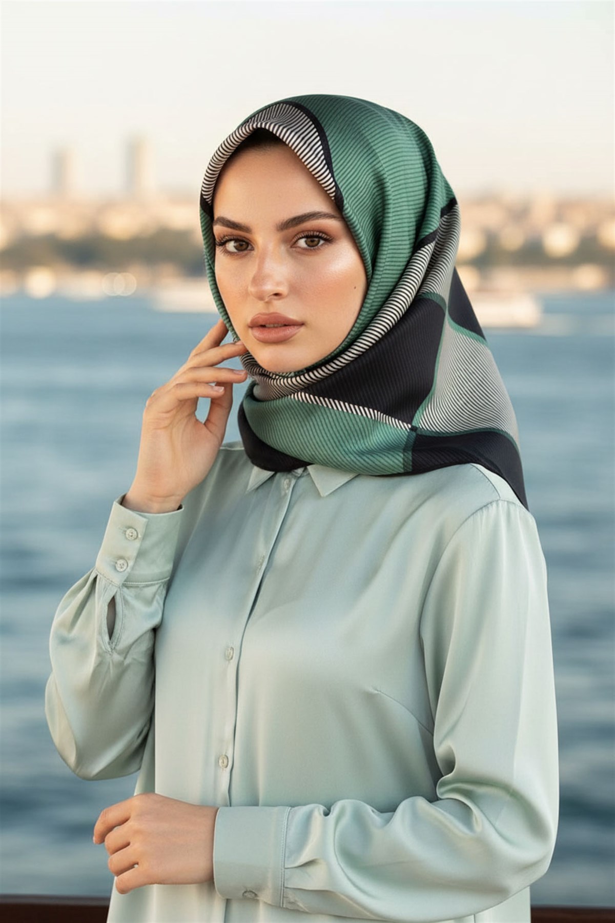 %100 Twill İpek Geometrik Desenli Petrol Yeşili Renkli 90x90 Eşarp Dikim Şekli : El Dikişi