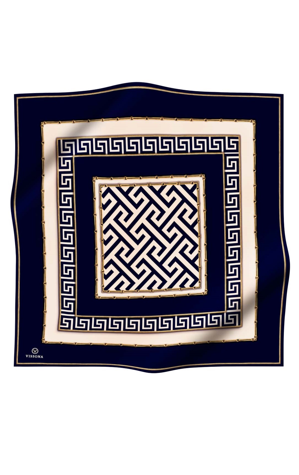 %100 Twill İpek Labirent Ve Geometrik Desenli Lacivert - Krem Renkli 90x90 Eşarp Dikim Şekli : El Dikişi