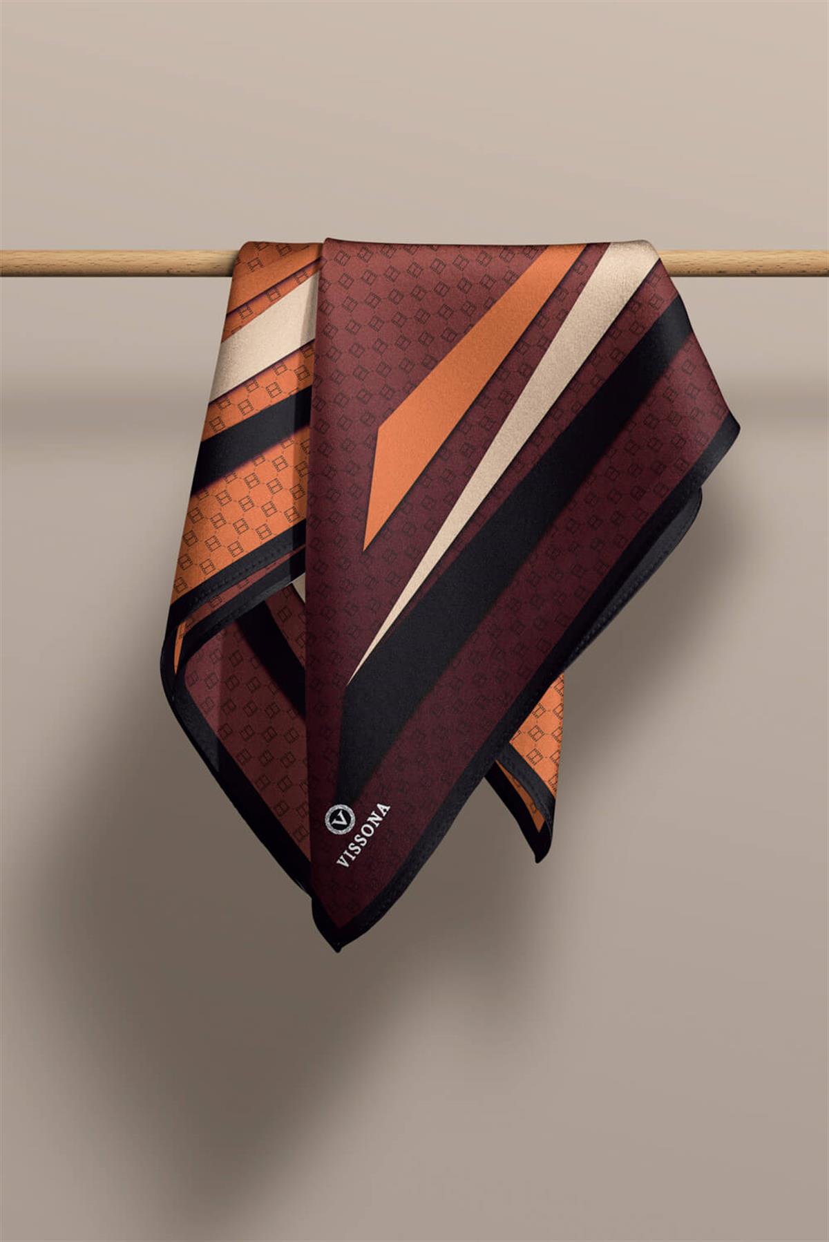 %100 Twill İpek Degrade Desenli Siyah - Taba Renkli 90x90 Eşarp Dikim Şekli : El Dikişi