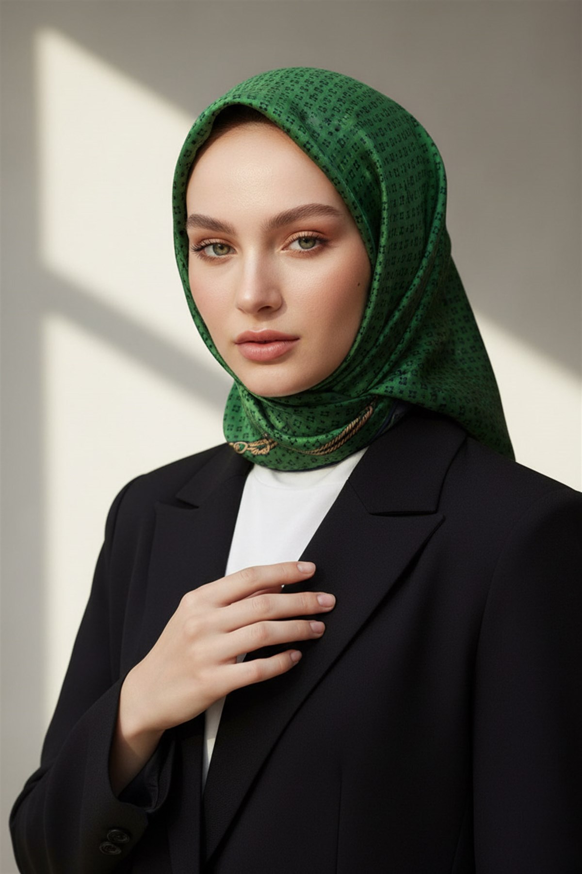 %100 Twill İpek Zincir Desenli Zümrüt Yeşili - Siyah Renkli 90x90 Eşarp Dikim Şekli : El Dikişi