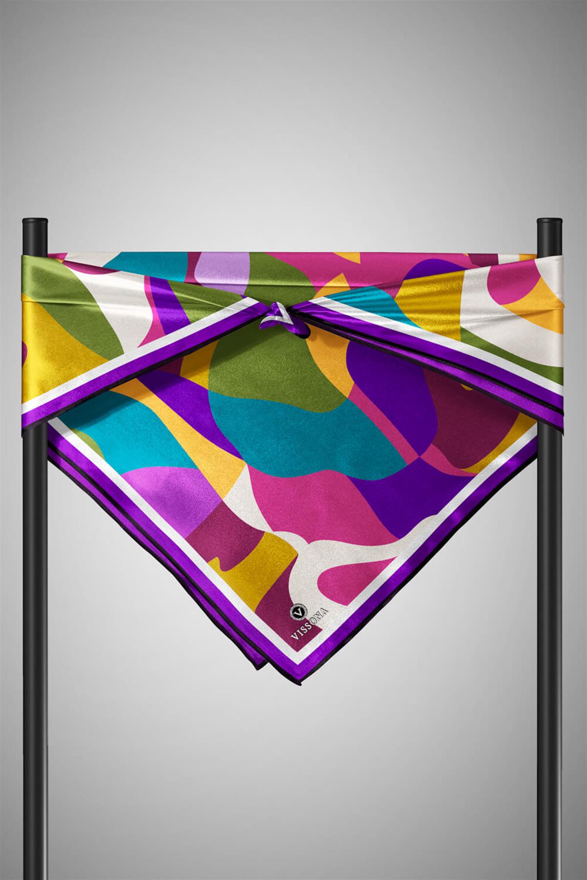 %100 Twill İpek Geometrik Desenli Mor - Petrol Yeşili Renkli 90x90 Eşarp Dikim Şekli : El Dikişi