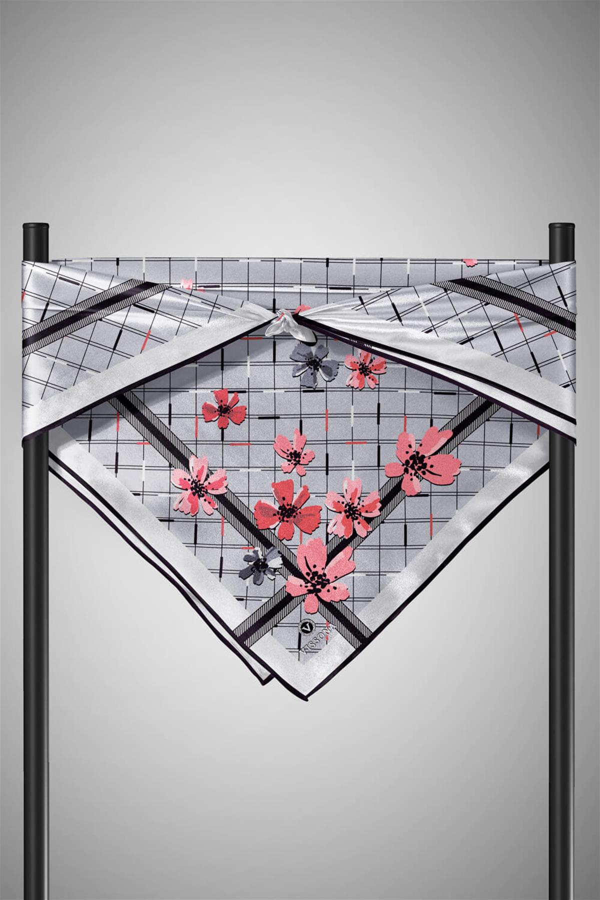 %100 Twill İpek Çıtır Çiçek Desenli Gümüş - Pembe Renkli 90x90 Eşarp Dikim Şekli : El Dikişi