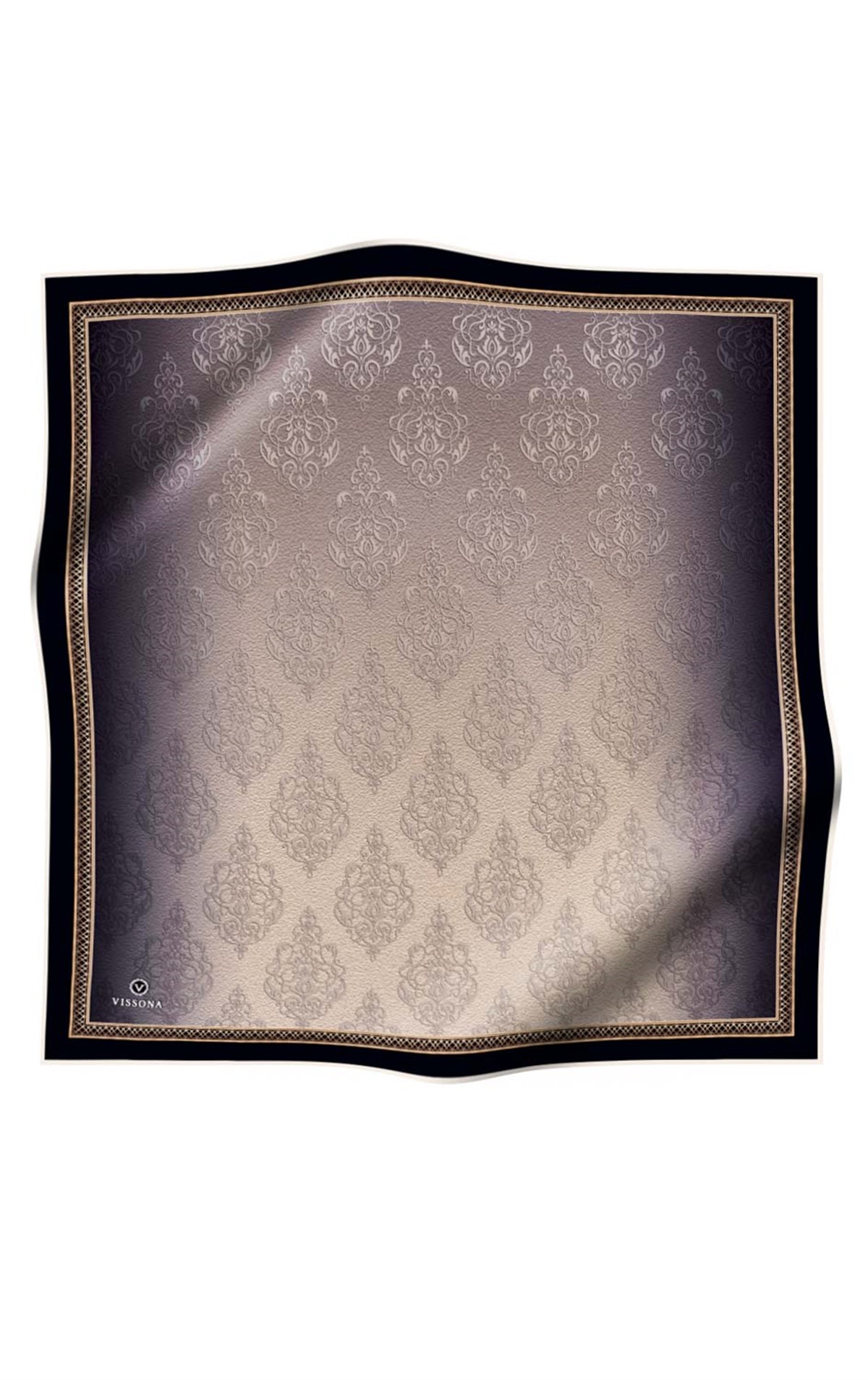 %100 Twill İpek Eşarp 90x90 Krem Barok Desenli El Dikişli Kadın Eşarp