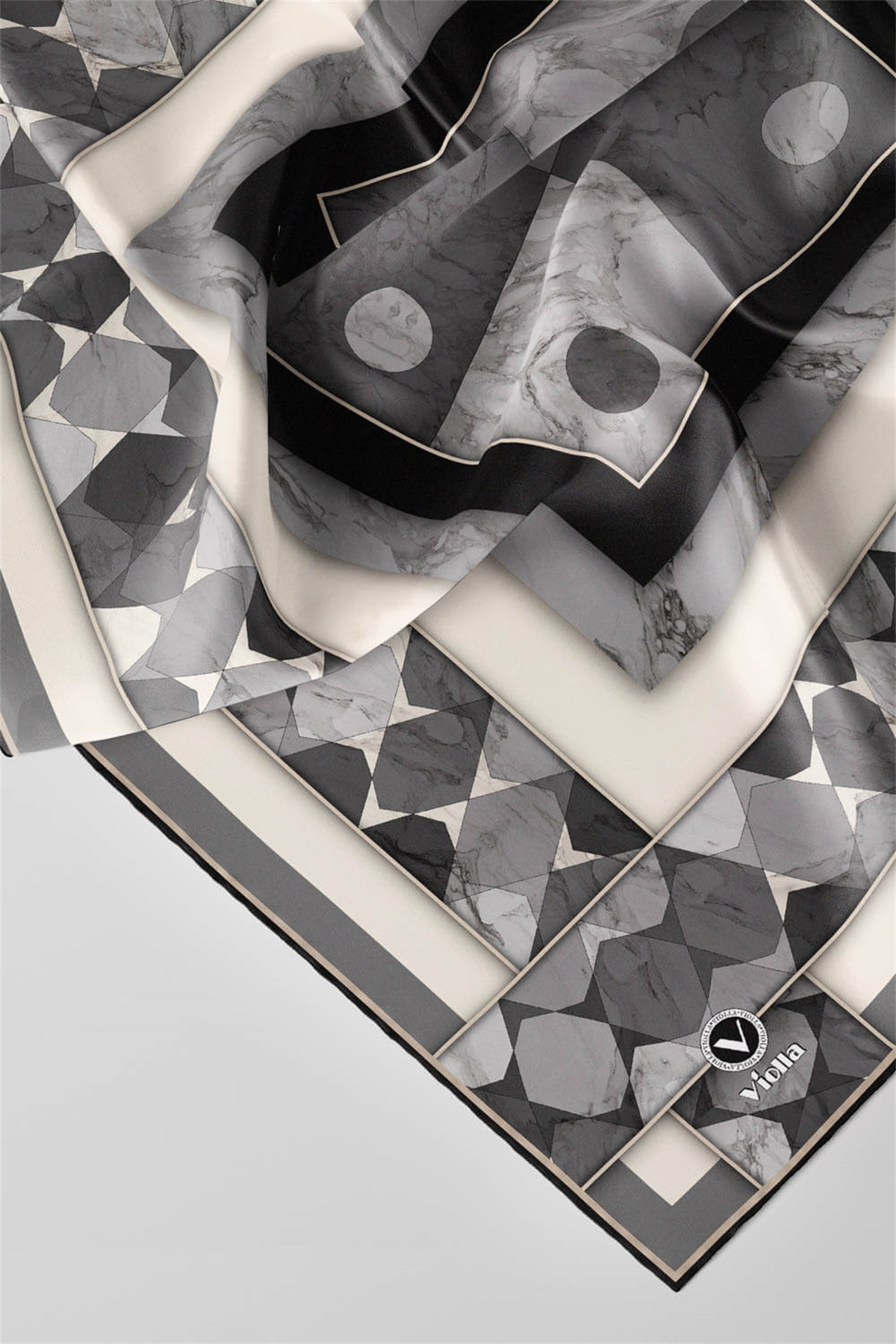 Twill Geometrik Mermer Desenli Gri Renkli 90x90 Eşarp (İpek İçermez) Kenar Dikiş Şekli El Dikişli