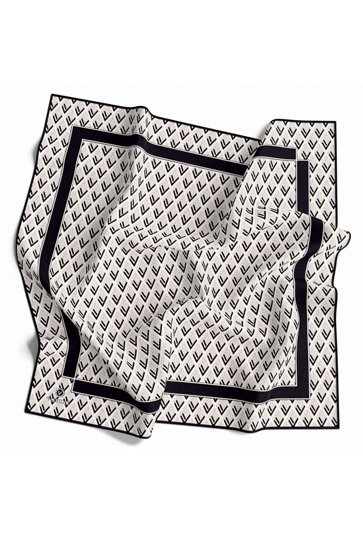 %100 Twill İpek Geometrik Desenli Krem - Siyah Renkli 90x90 Eşarp Dikim Şekli : El Dikişi