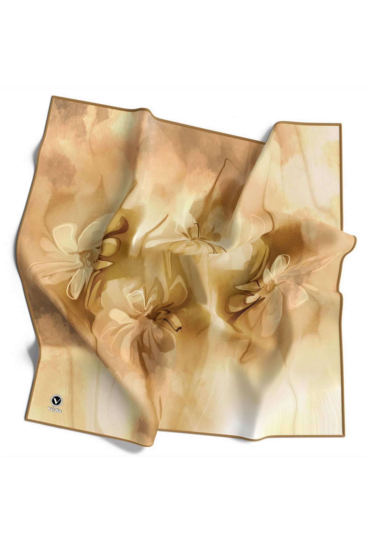 Twill Batik Çiçek Desenli Hardal Renkli 90x90 Eşarp (İpek İçermez) Kenar Dikiş Şekli El Dikişli