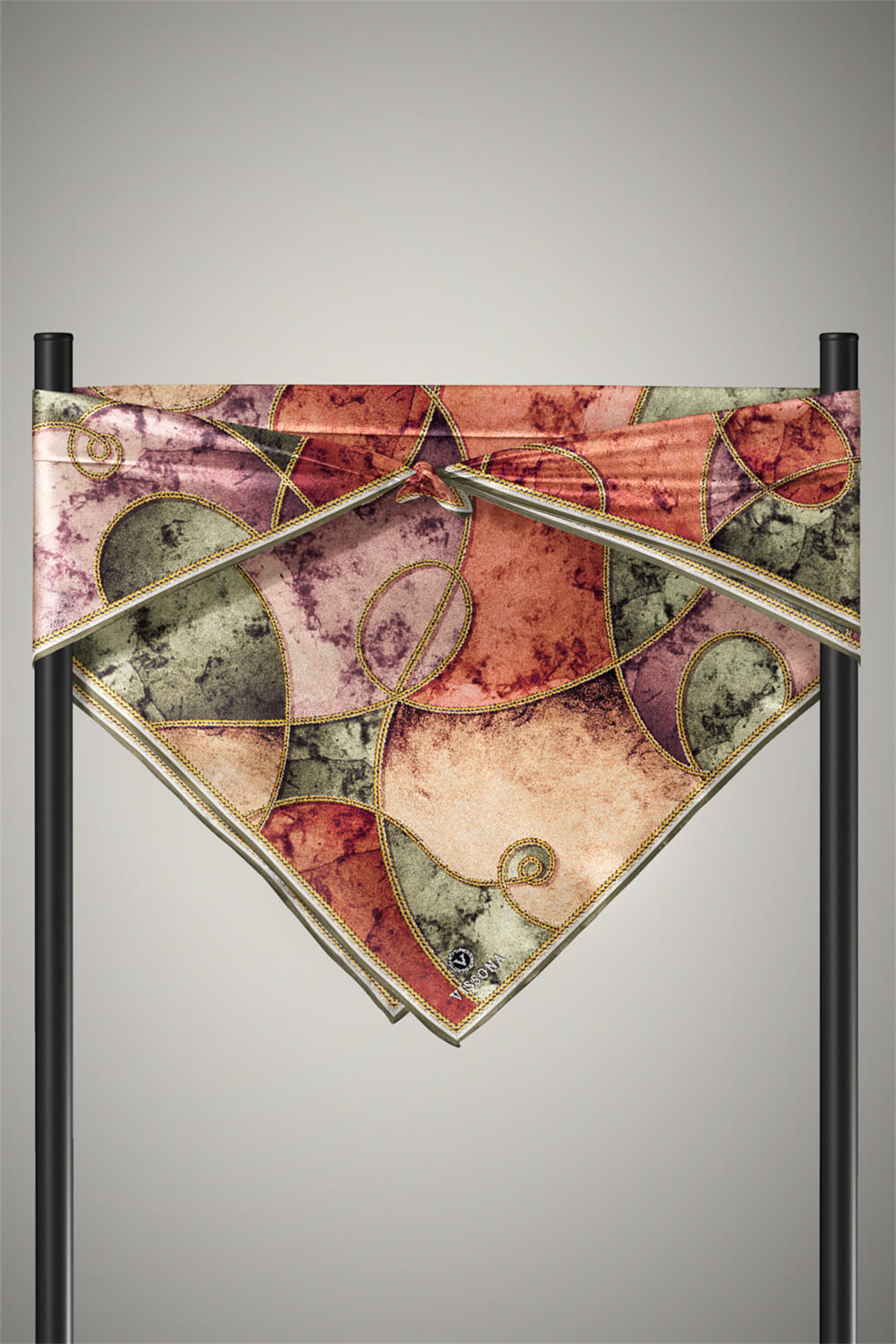 % 57 İPEK % 43 VİSKON Twill İpek Zincirli Mermer Desenli Haki - Bakır Renkli 90x90 Eşarp Dikim Şekli : El Dikişi