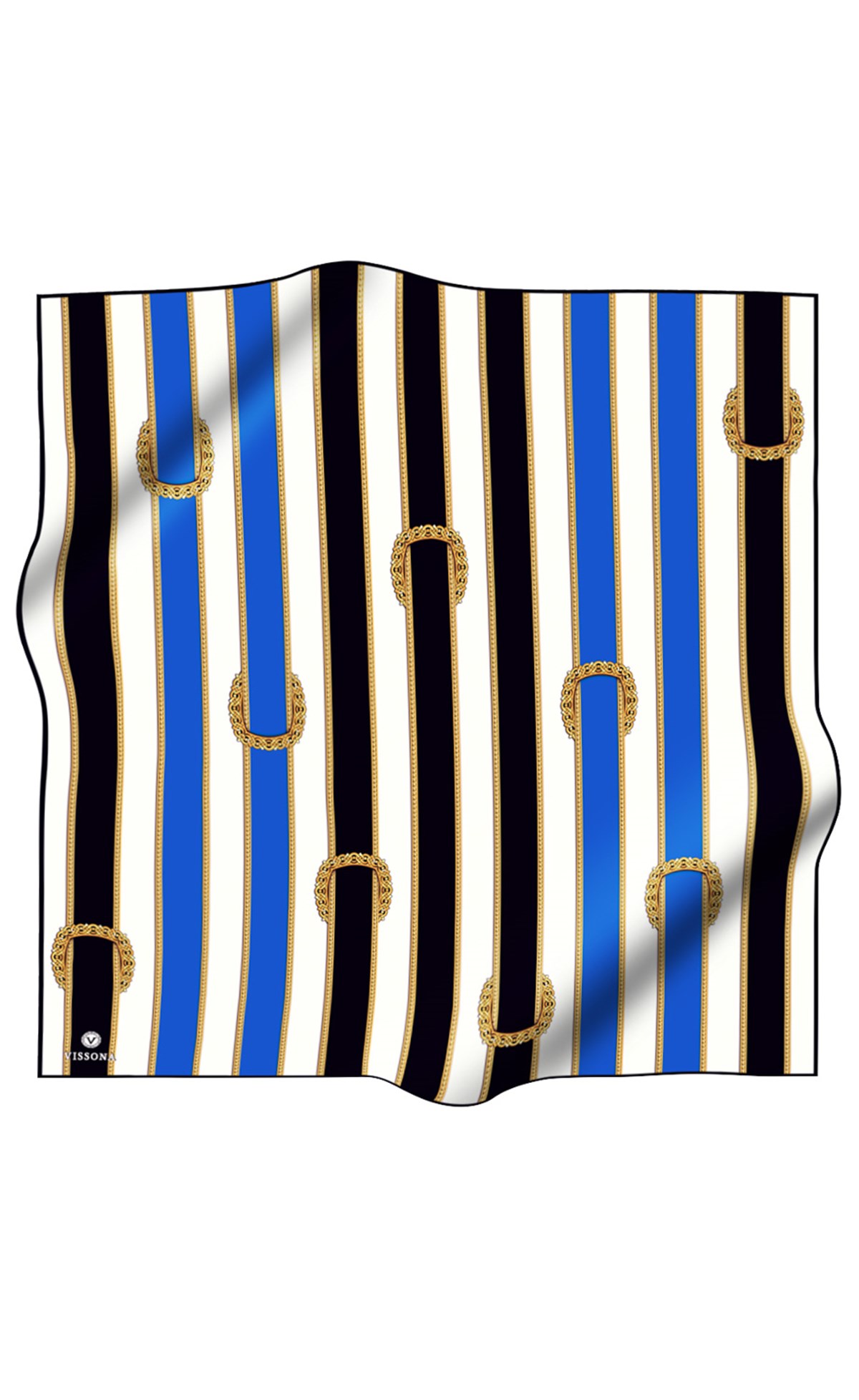 %100 Twill İpek Kemer Desenli Siyah - Saks Renkli 90x90 Eşarp Dikim Şekli : El Dikişi