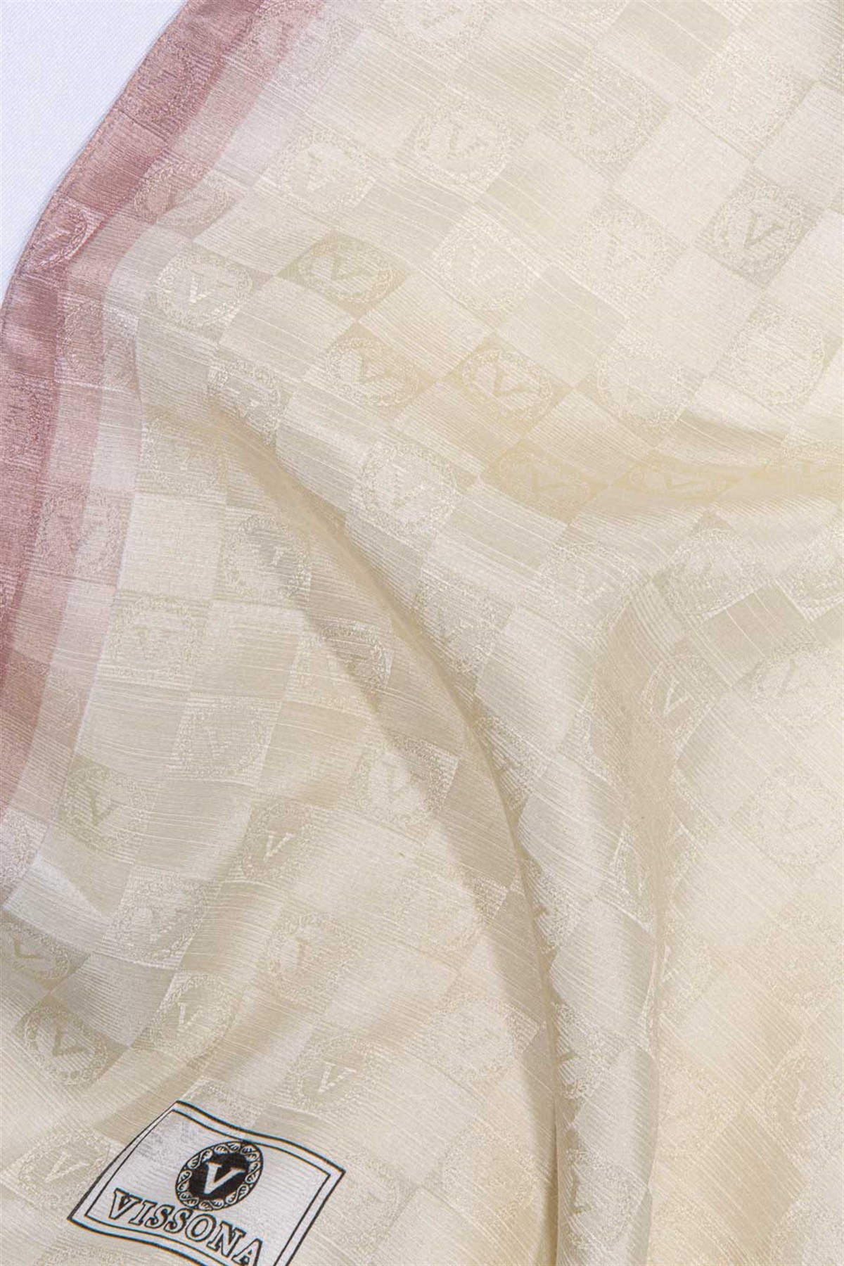 %57 İPEK %43 PAMUK MONOGRAM DESENLİ PUDRA RENKLİ 70X190 ŞAL