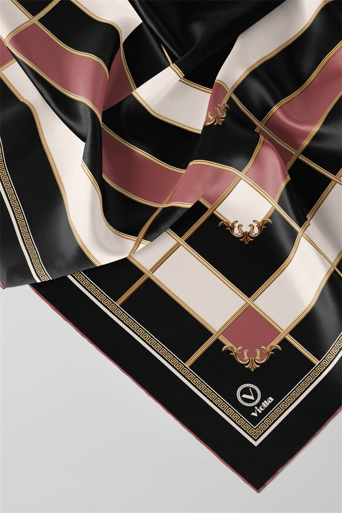Twill Gold Detaylı Kareli Desenli Pudra Renkli 90x90 Eşarp (İpek İçermez) Kenar Dikiş Şekli El Dikişli