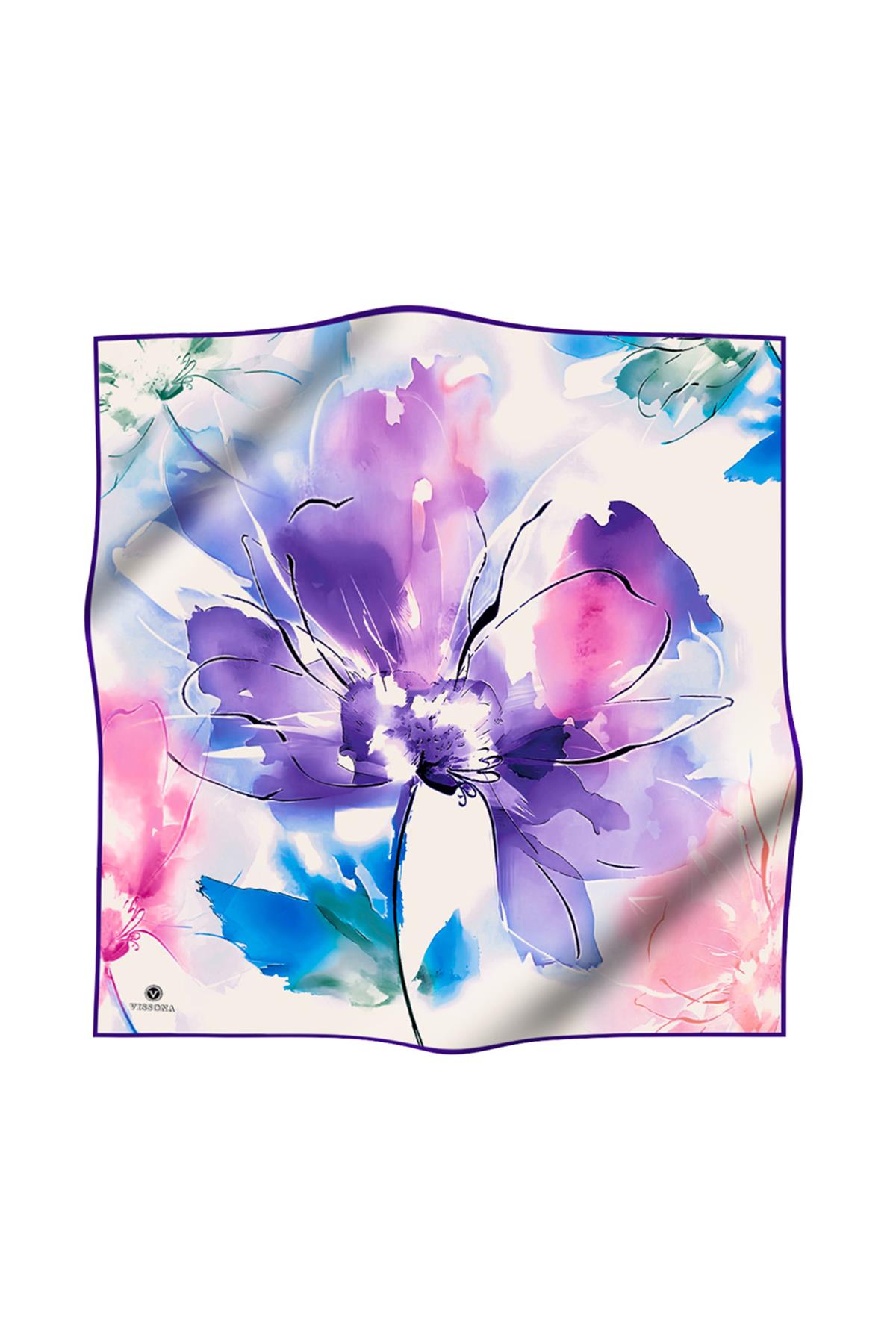 %100 Twill İpek Sulu Boya Çiçek Desenli Mor Renkli 90x90 Eşarp Dikim Şekli : El Dikişi