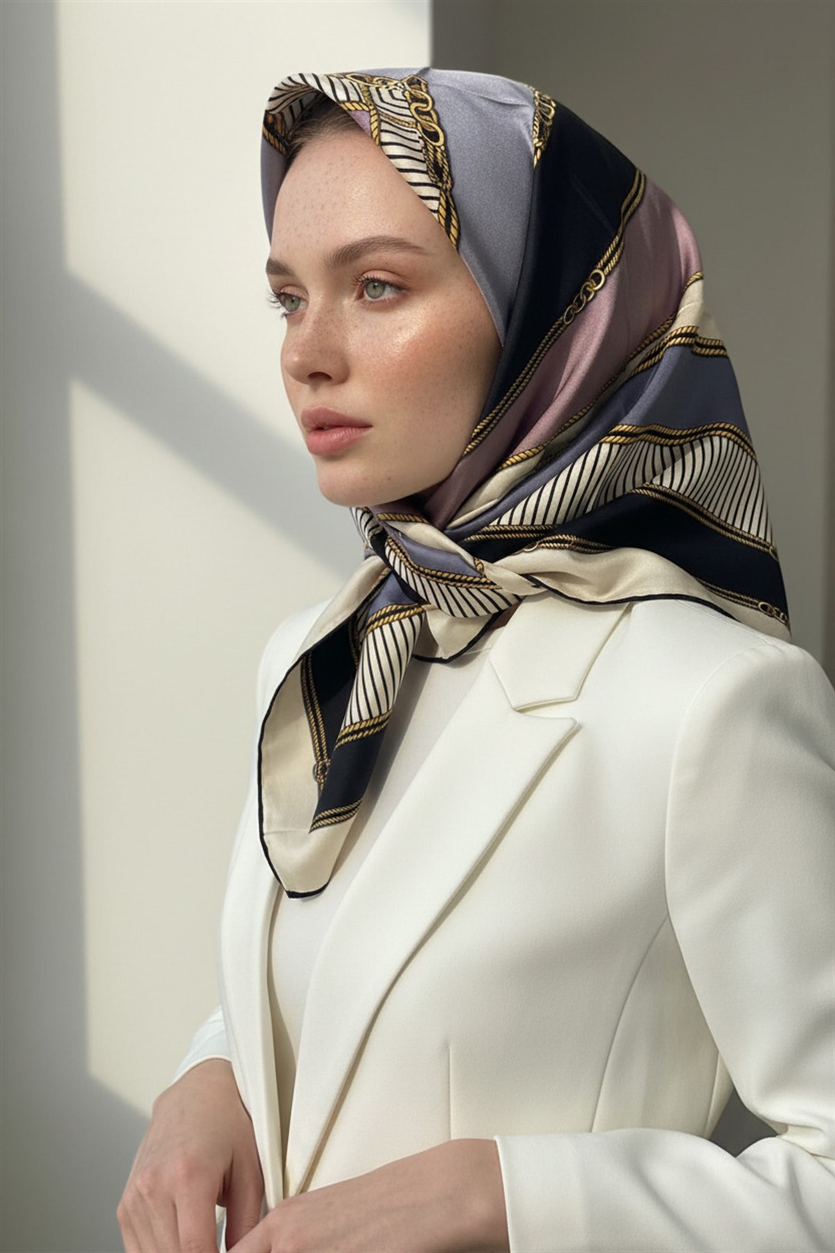 %100 Twill İpek Zincir Detaylı Geometrik Desenli Gri - Pudra Renkli 90x90 Eşarp Dikim Şekli : El Dikişi