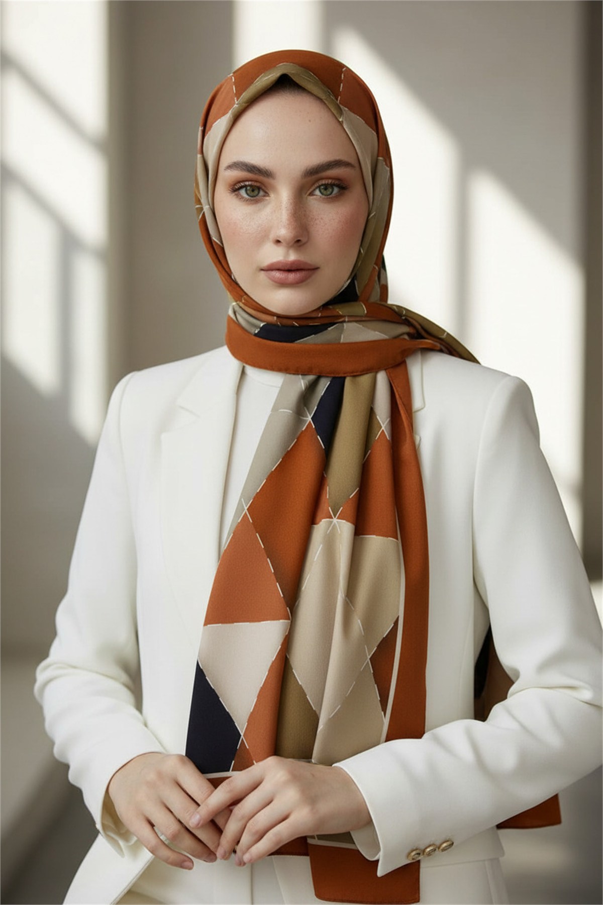 KREP ÜÇGEN YAMA DESENLİ TABA RENKLİ 75X195 KIRIŞMAZ ŞAL
