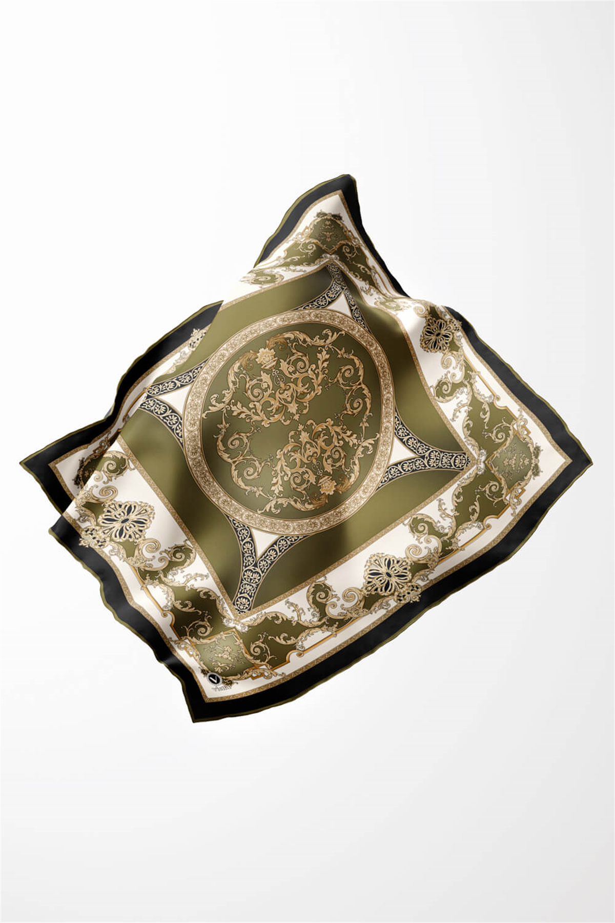 Twill Barok Desenli Haki Yeşili Renkli 90x90 Eşarp (İpek İçermez) Kenar Dikiş Şekli El Dikişli