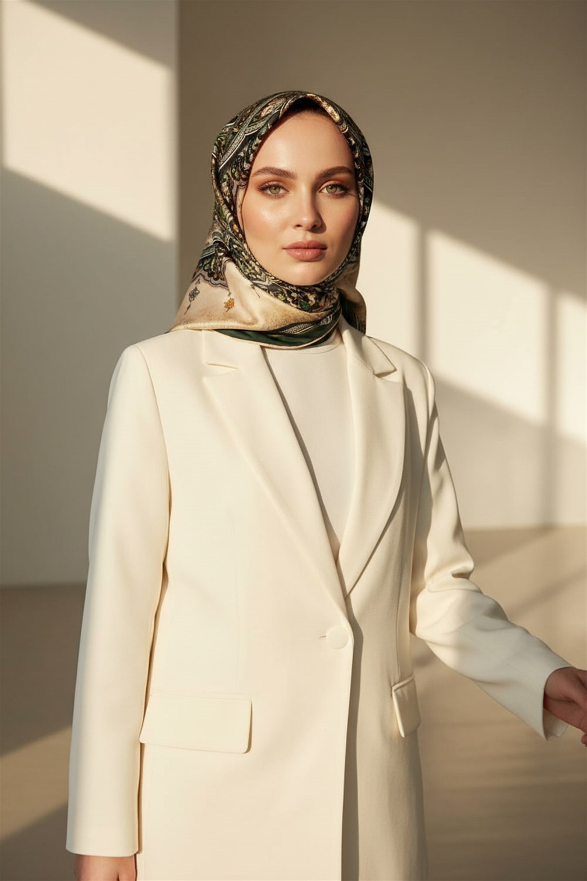 %100 Twill İpek Şal Desenli Siyah - Zümrüt Yeşili Renkli 90x90 Eşarp Dikim Şekli : El Dikişi