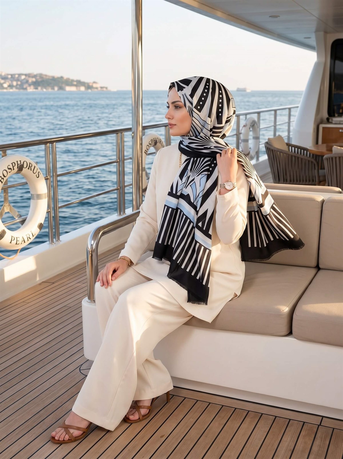 %100 İpek Yelpaze Desenli Buz Mavisi - Siyah Renkli 92x210 Şal