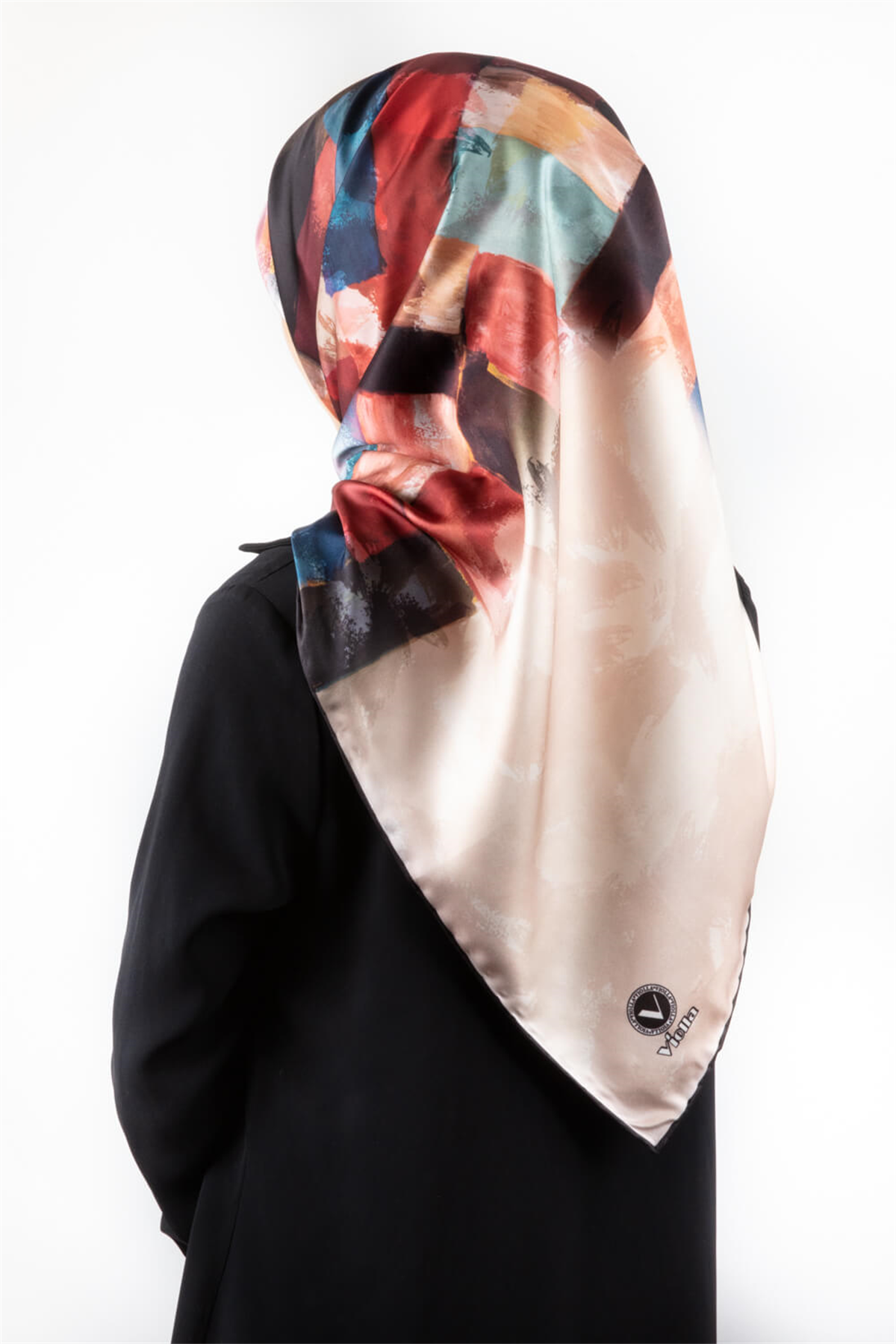 Twill Yağlı Boya Desenli Bordo Renkli 90x90 Eşarp (İpek İçermez) Kenar Dikiş Şekli El Dikişli