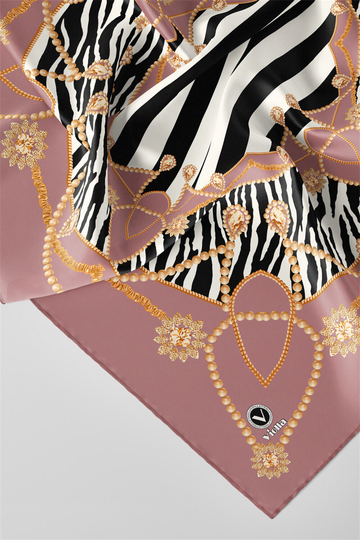 Twill Gold Detaylı Zebra Desenli Gül Kurusu Renkli 90x90 Eşarp (İpek İçermez) Kenar Dikiş Şekli El Dikişli