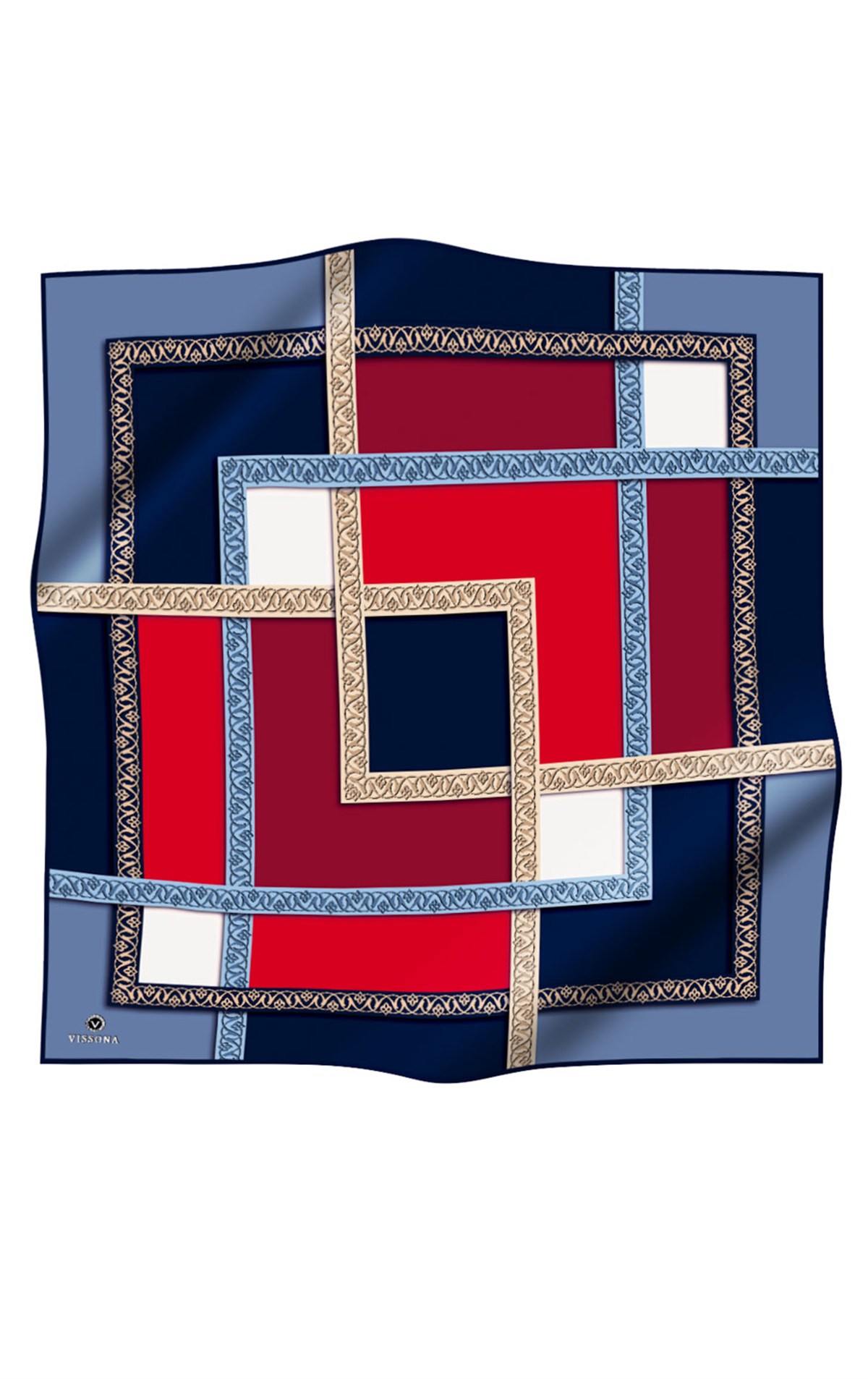 %100 Twill İpek Geometrik Desenli Lacivert - Kırmızı Renkli 90x90 Eşarp Dikim Şekli : El Dikişi