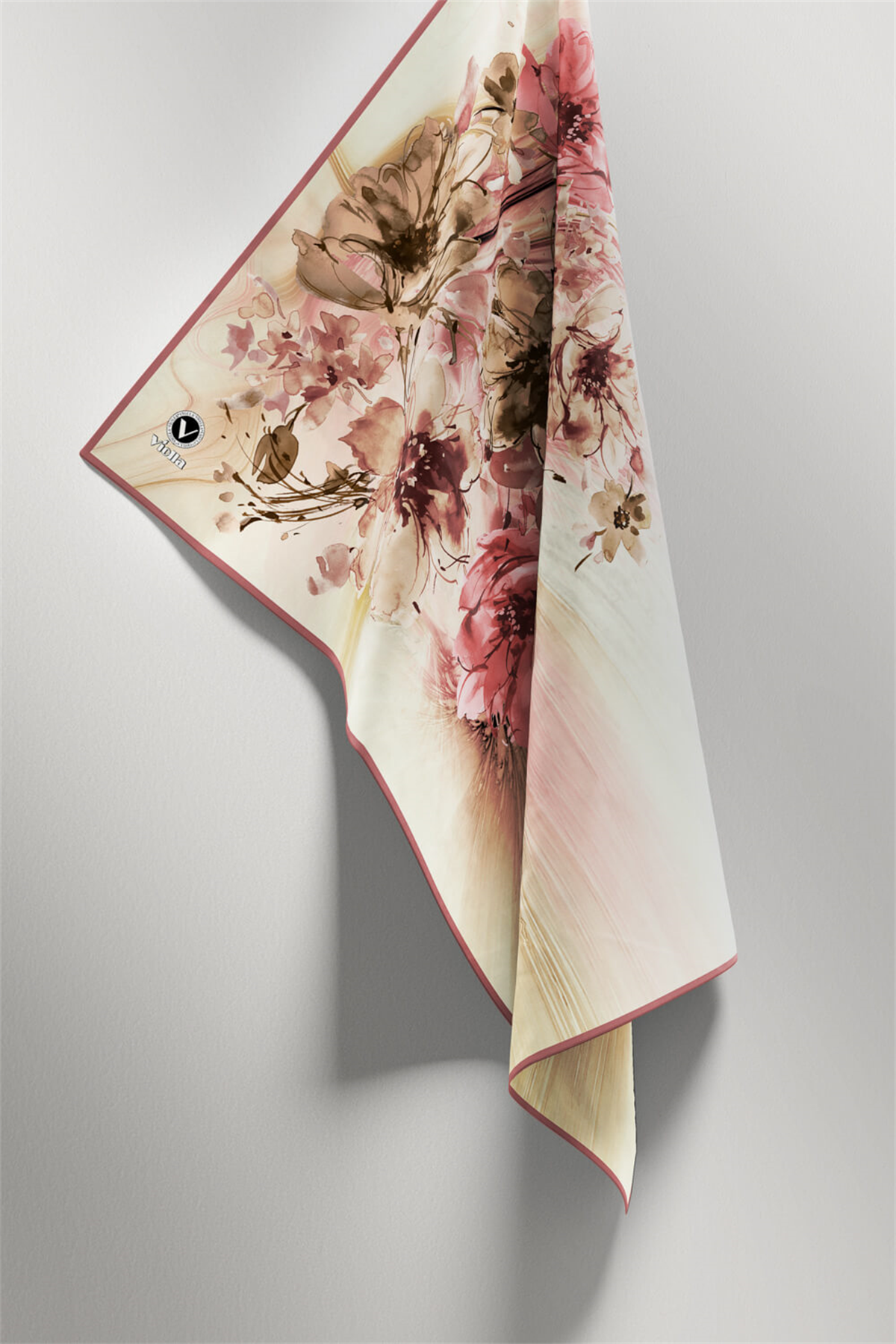 Twill Çiçek Desenli Pudra Renkli 90x90 Eşarp (İpek İçermez) Kenar Dikiş Şekli El Dikişli