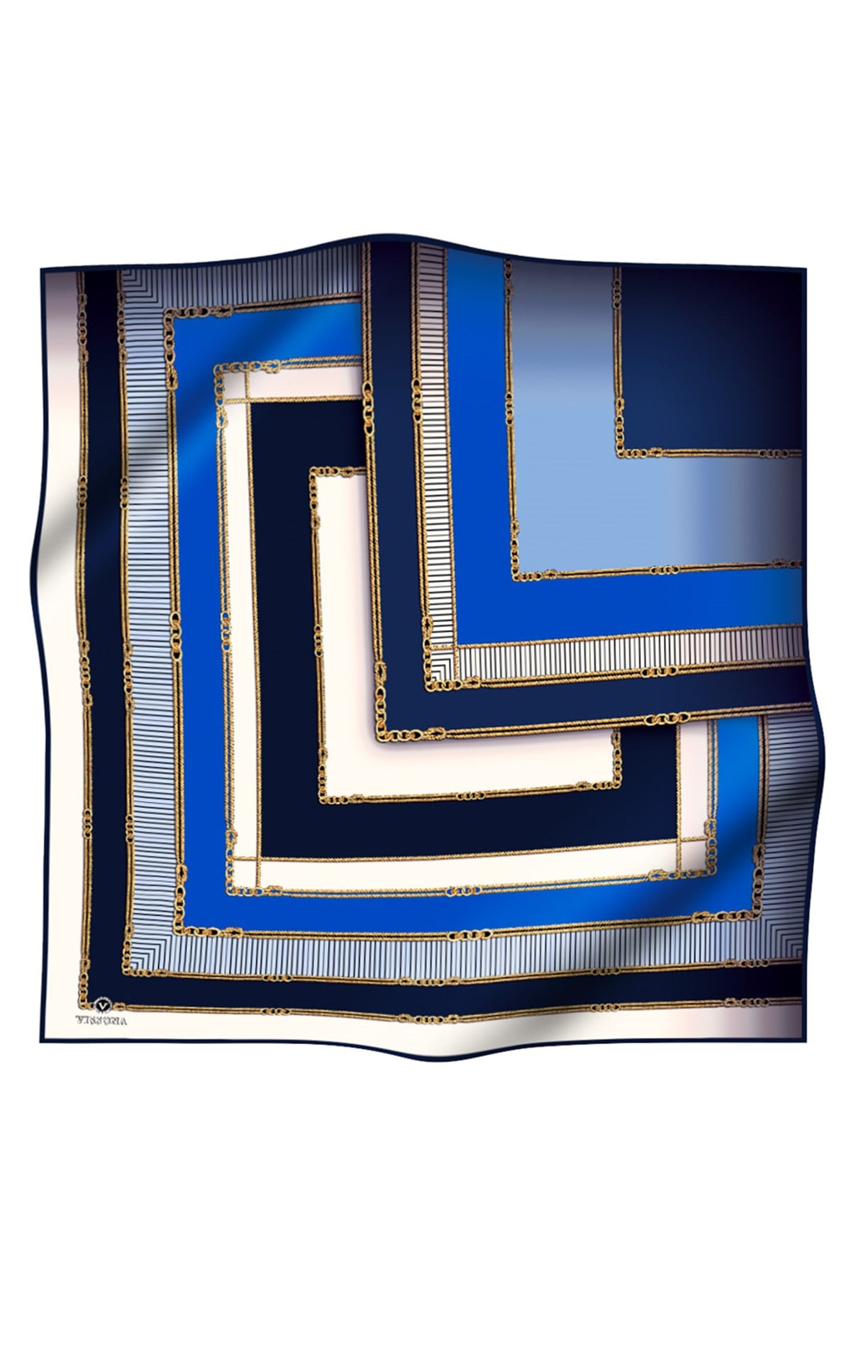 % 57 İPEK % 43 VİSKON Twill İpek Zincir Detaylı Geometrik Desenli Saks - Lacivert Renkli 90x90 Eşarp Dikim Şekli : El Dikişi