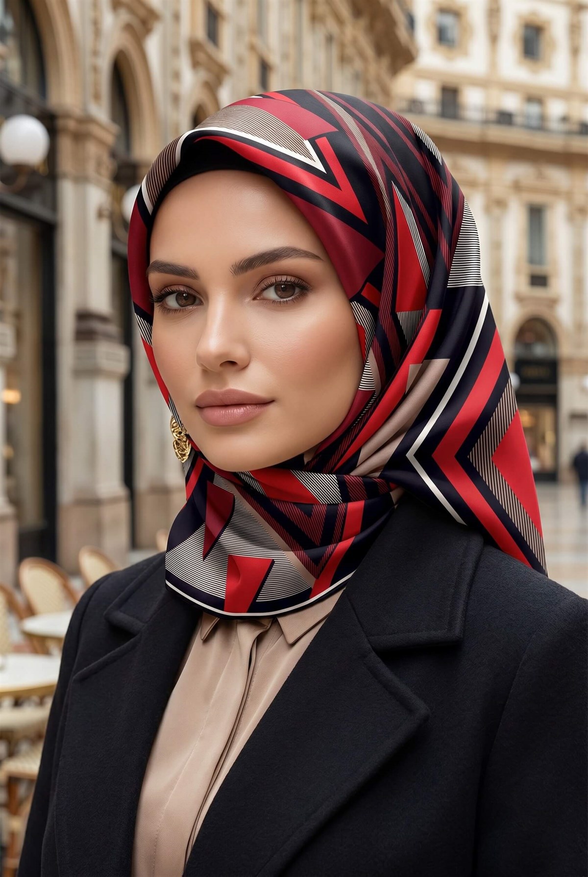 %100 Twill İpek Geometrik Desenli Bordo - Siyah Renkli 90x90 Eşarp Dikim Şekli : El Dikişi