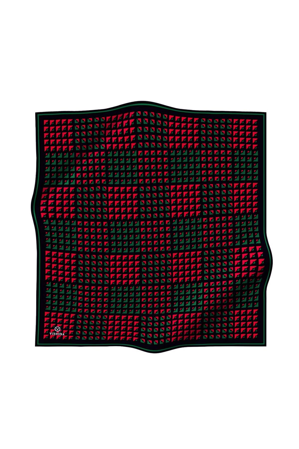 %100 Twill İpek Geometrik Desenli Kırmızı - Zümrüt Yeşili Renkli 90x90 Eşarp Dikim Şekli : El Dikişi