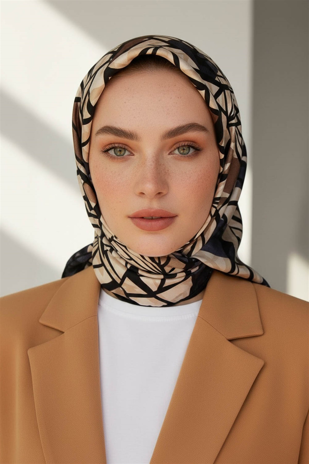 %100 Twill Renkli Petek Desenli Bej - Gri Renkli 90x90 Eşarp Dikim Şekli: El Dikişii