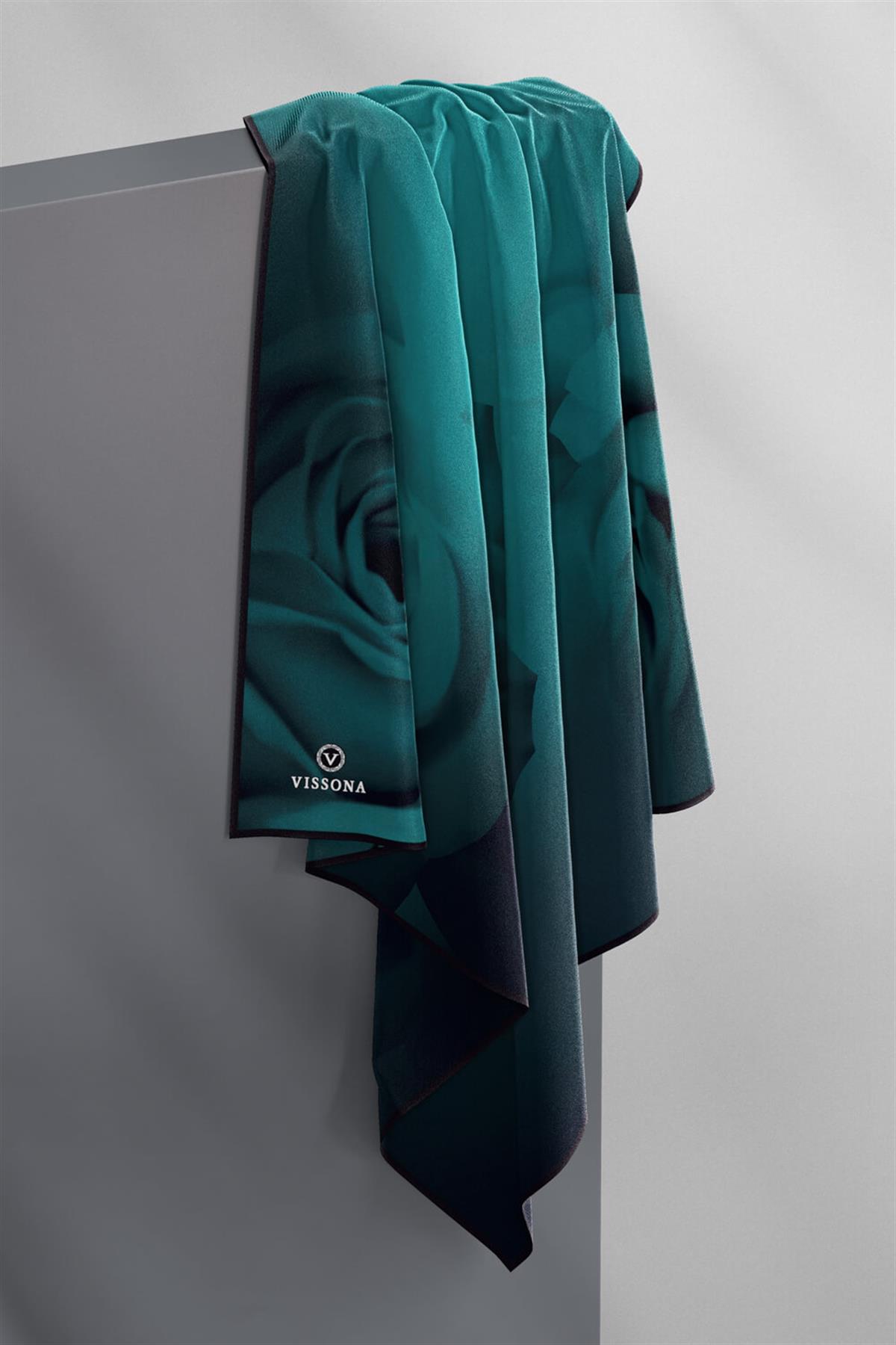 %100 Twill İpek Gül Desenli Petrol Mavisi Renkli 90x90 Eşarp Dikim Şekli : El Dikişi