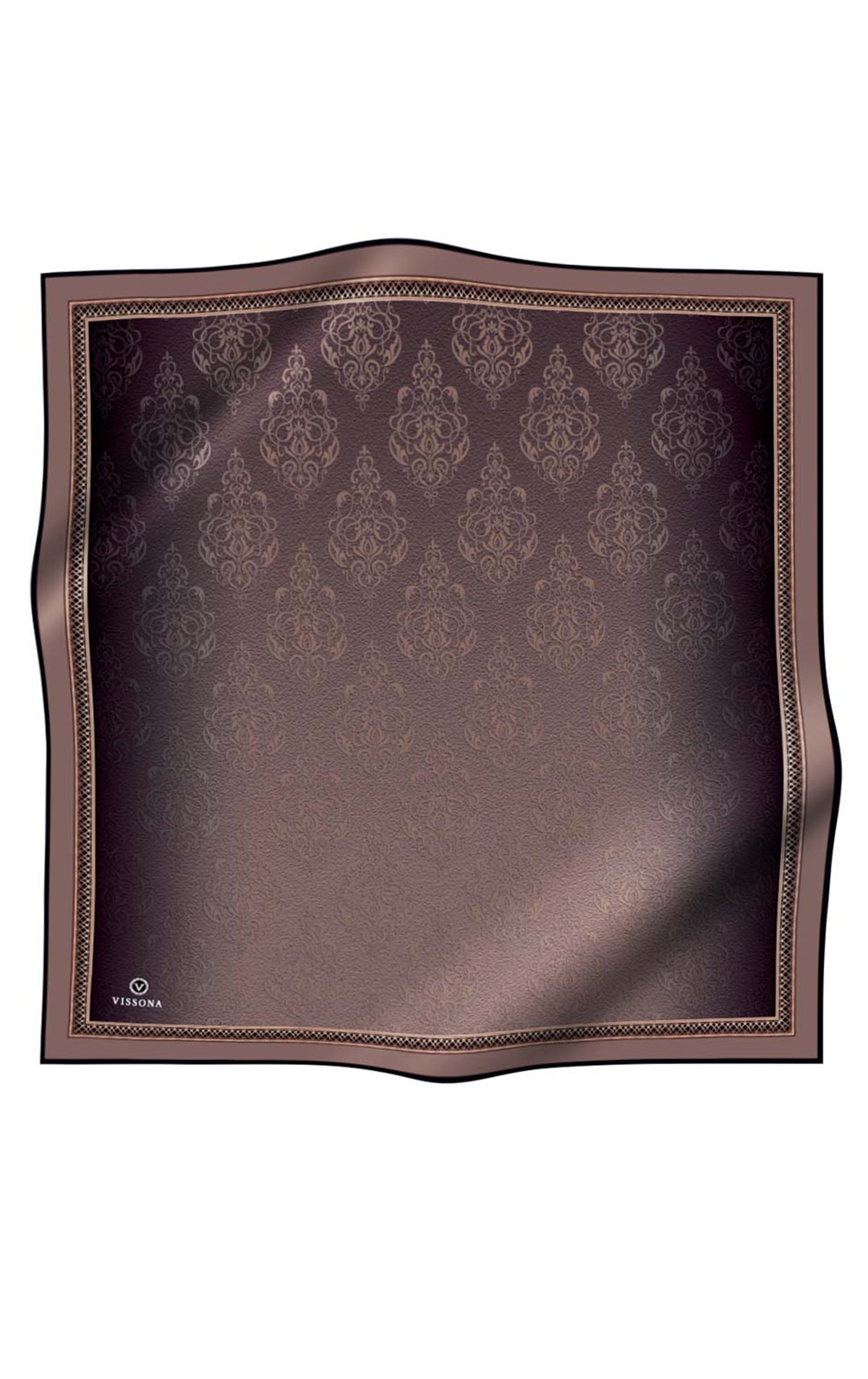 %100 Twill İpek Eşarp 90x90 Vizon Barok Desenli El Dikişli Kadın Eşarp