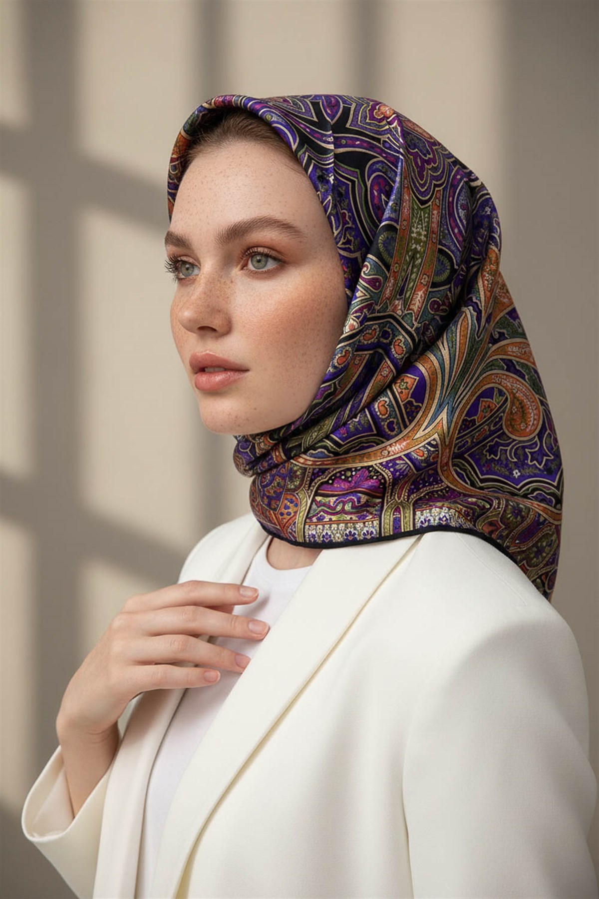 100% Twill İpek Etnik Desenli Siyah - Mor Renkli 90x90 Dikim Şekli : El Dikişi Eşarp