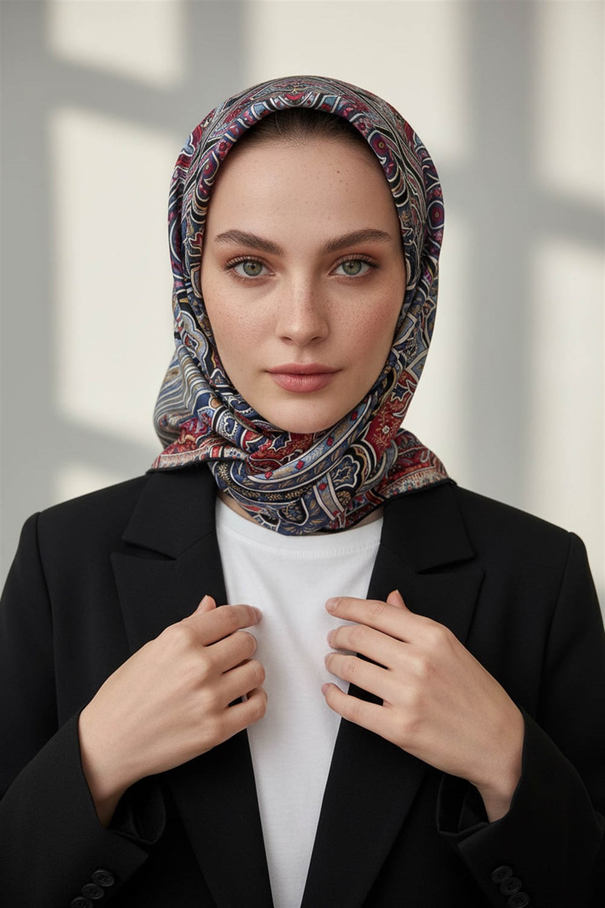 100% Twill İpek Etnik Desenli Bordo - İndigo Renkli 90x90 Dikim Şekli : El Dikişi Eşarp