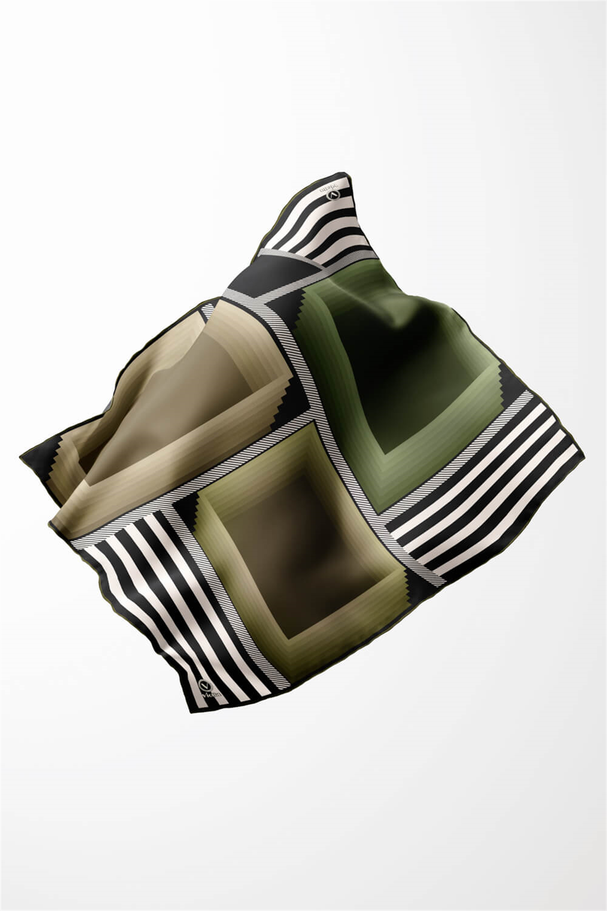 Twill Geometrik Desenli Haki Renkli 90x90 Eşarp (İpek İçermez) Kenar Dikiş Şekli El Dikişli