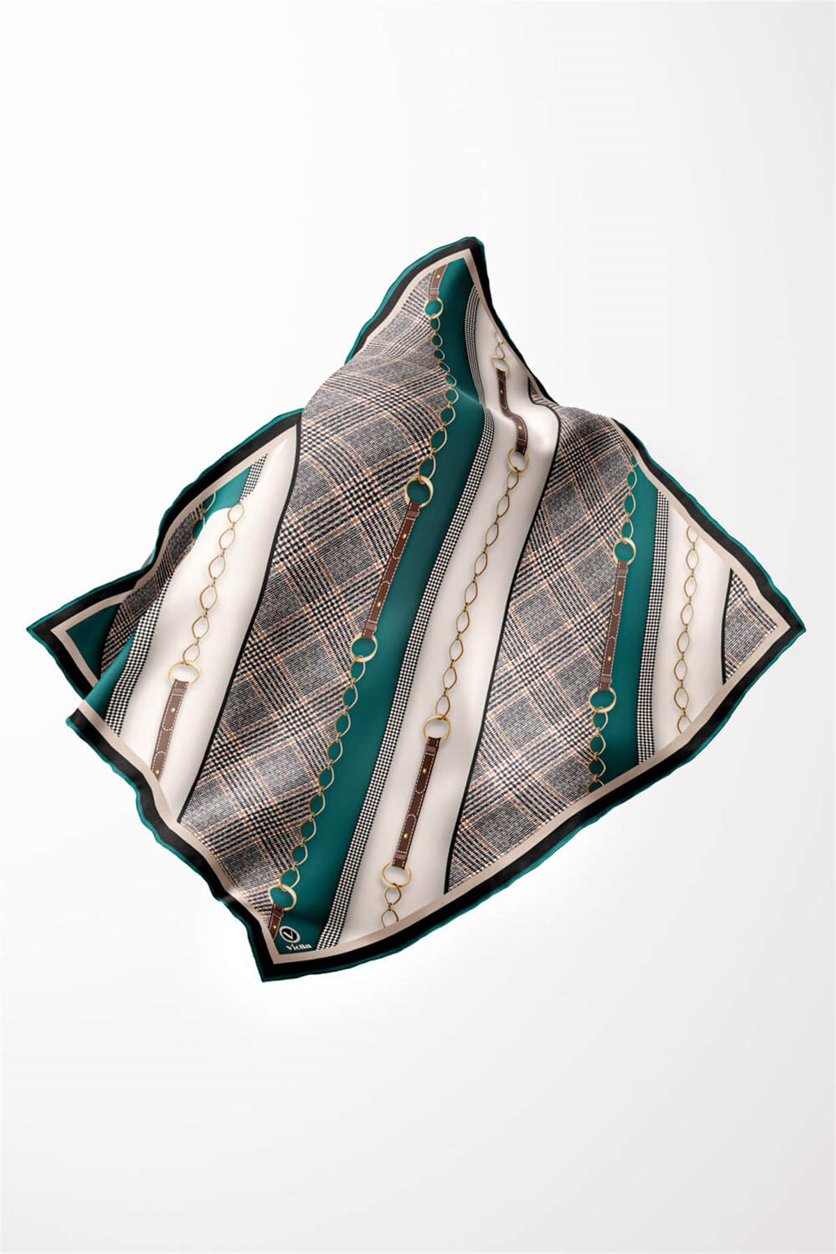 Twill Kemer Desenli Petrol Yeşili Renkli 90x90 Eşarp (İpek İçermez) Kenar Dikiş Şekli El Dikişli