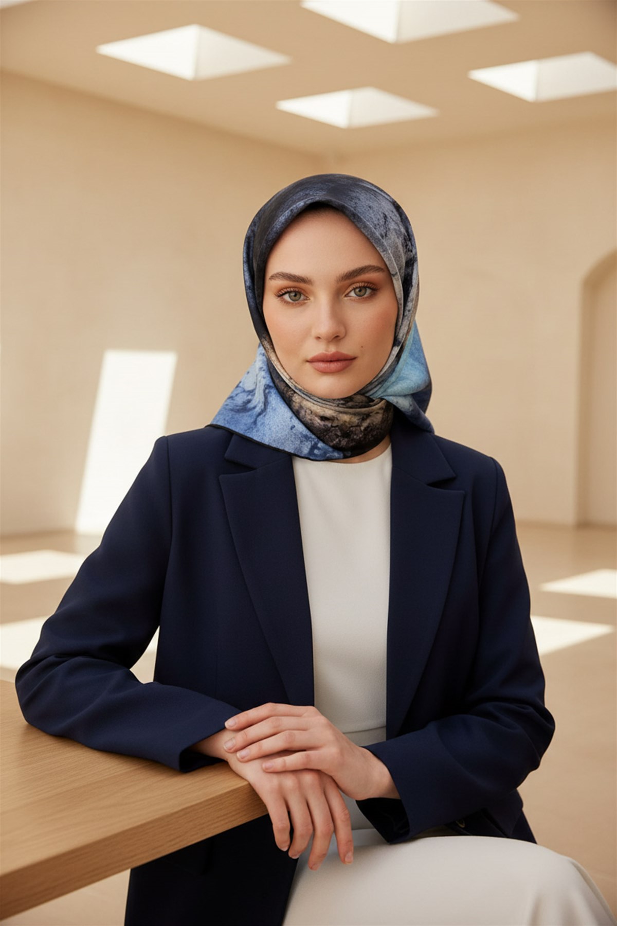 % 57 İPEK % 43 VİSKON Twill İpek Dokulu Ve Geometrik Desenli Bebe Mavisi - Mint Yeşili Renkli 90x90 Eşarp Dikim Şekli : El Dikişi