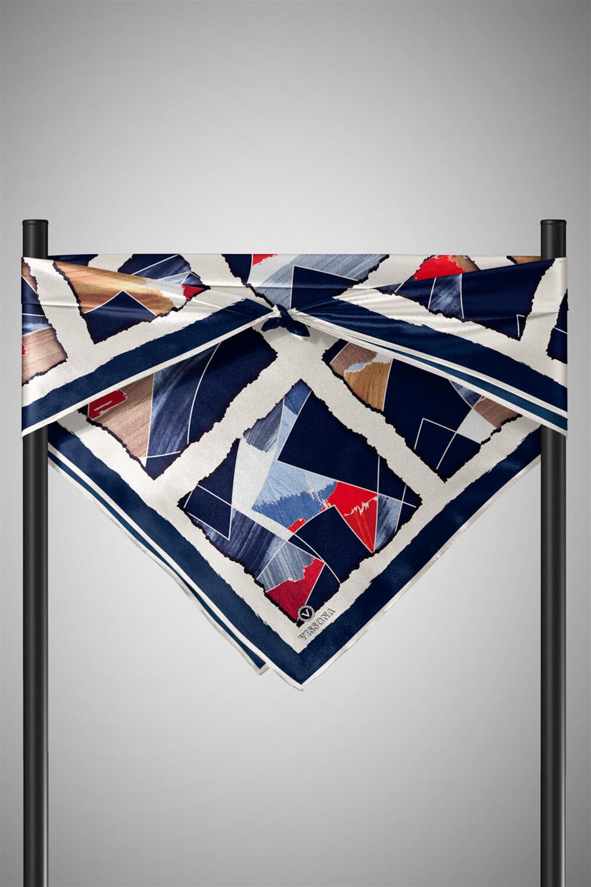 %100 Twill İpek Geometrik Desenli Lacivert - Kırmızı Renkli 90x90 Eşarp Dikim Şekli : El Dikişi