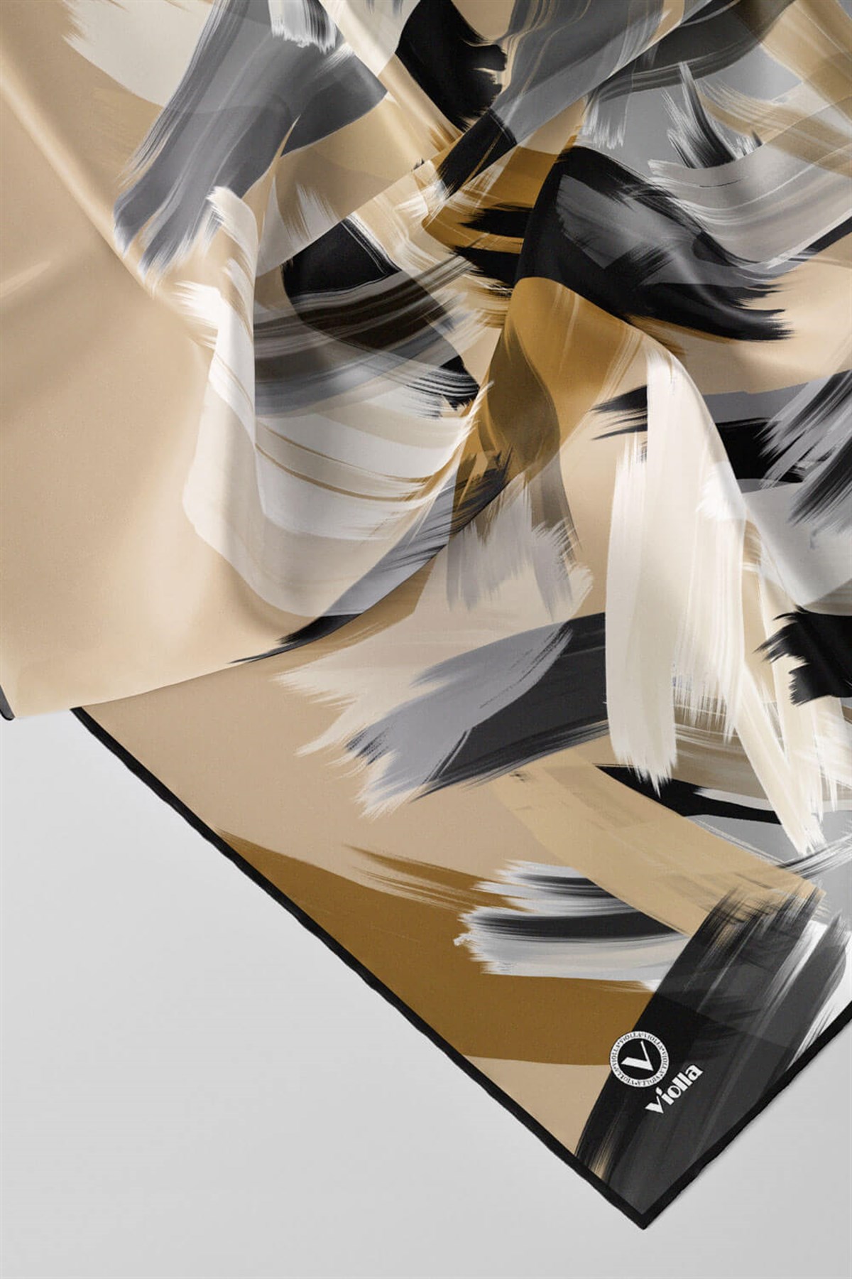 Twill Fırça Desenli Gri Renkli 90x90 Eşarp (İpek İçermez) Kenar Dikiş Şekli El Dikişli