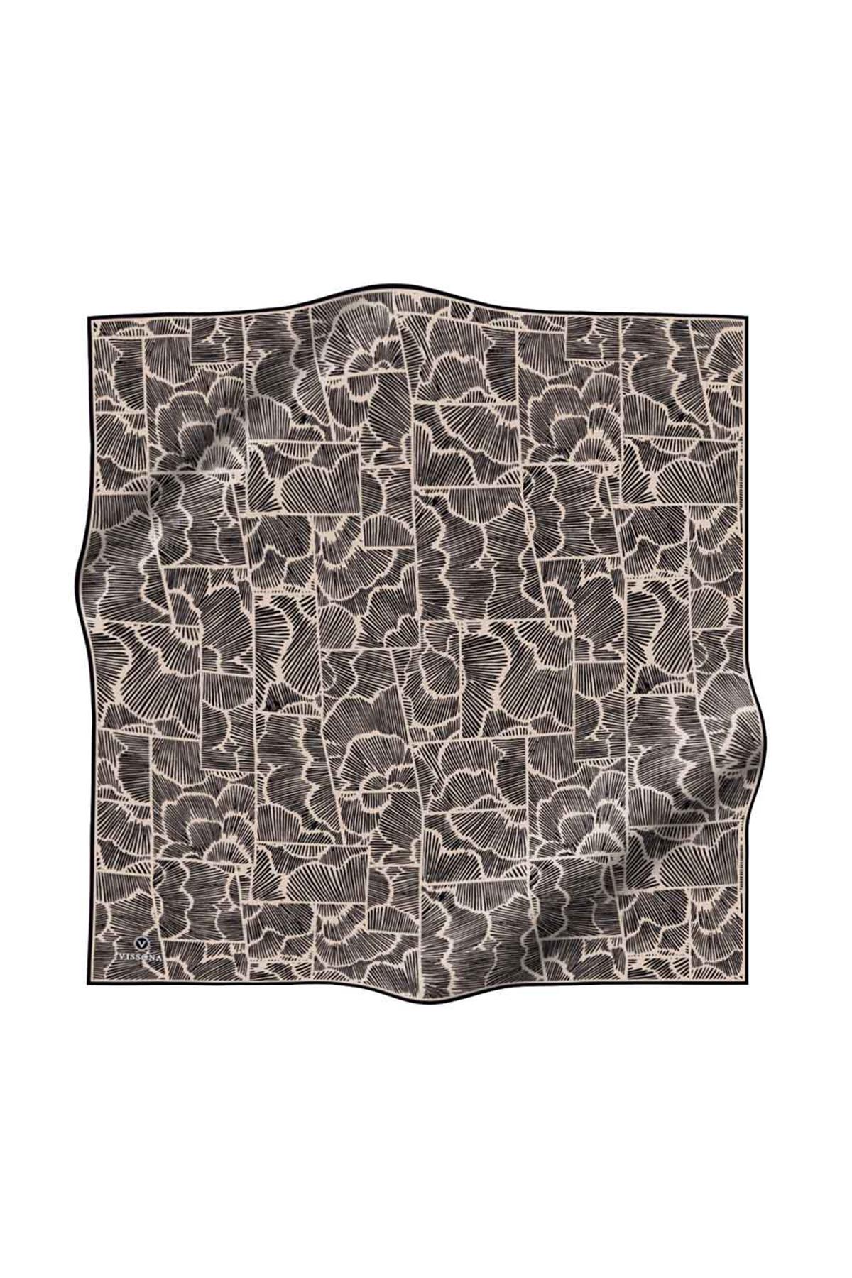 %100 Twill İpek Geometrik Desenli Siyah - Bej Renkli 90x90 Eşarp Dikim Şekli : El Dikişi