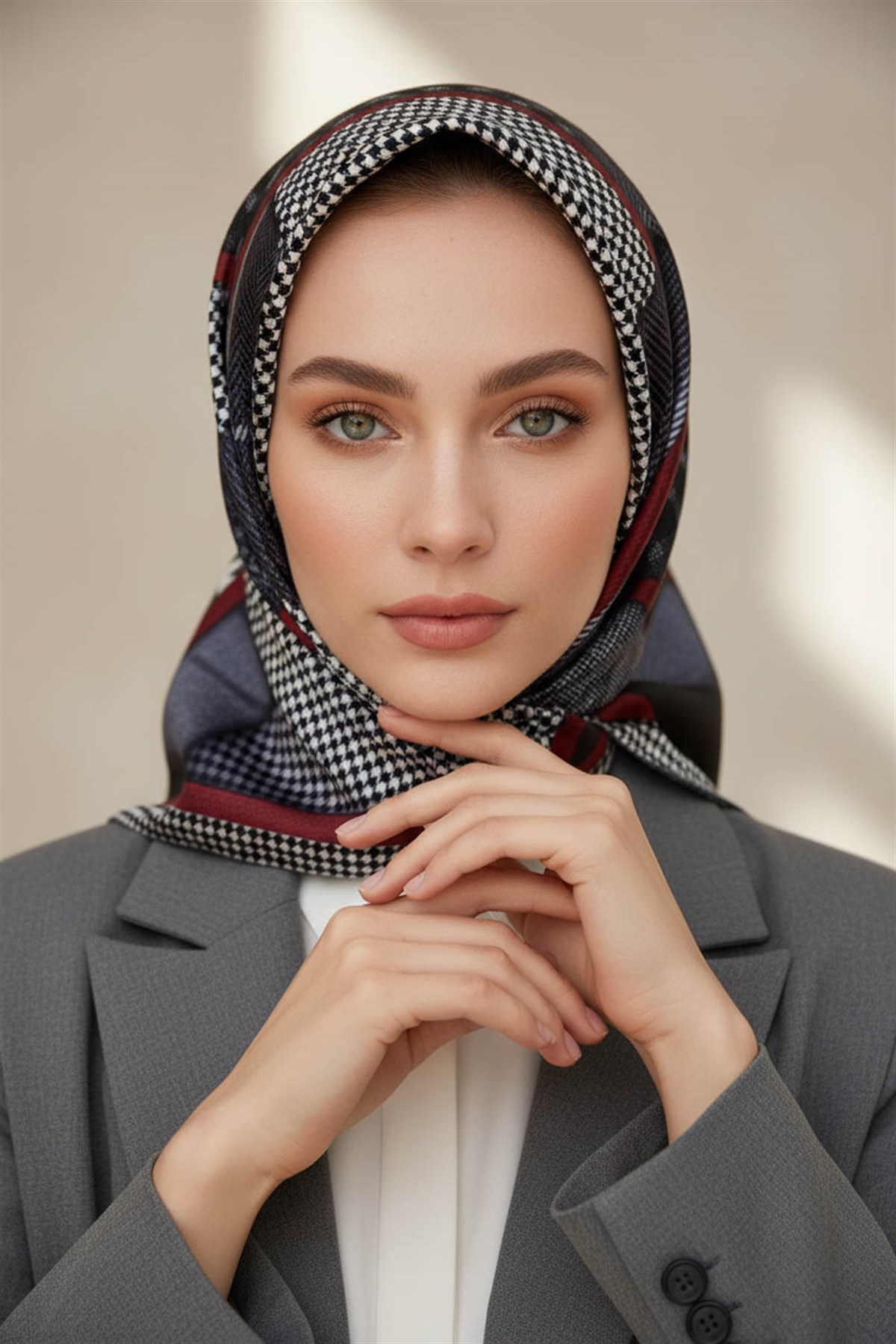 %100 Twill İpek Kazakayaklı Ve Ekose Desenli Gri - Kırmızı Renkli 90x90 Eşarp Dikim Şekli : El Dikişi