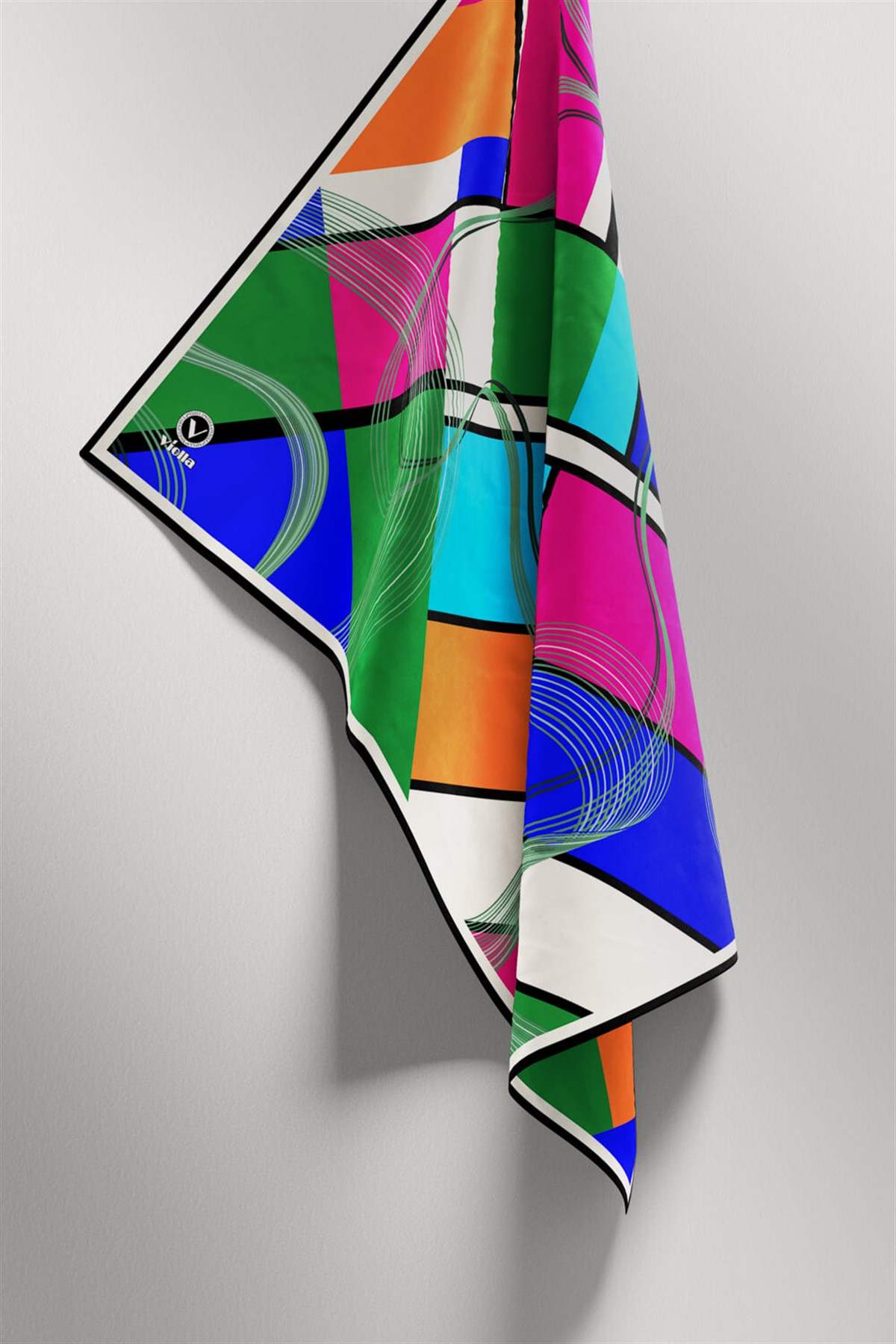Twill Geometrik Desenli Fuşya - Saks Renkli 90x90 Eşarp (İpek İçermez) Dikim Şekli : El Dikişi