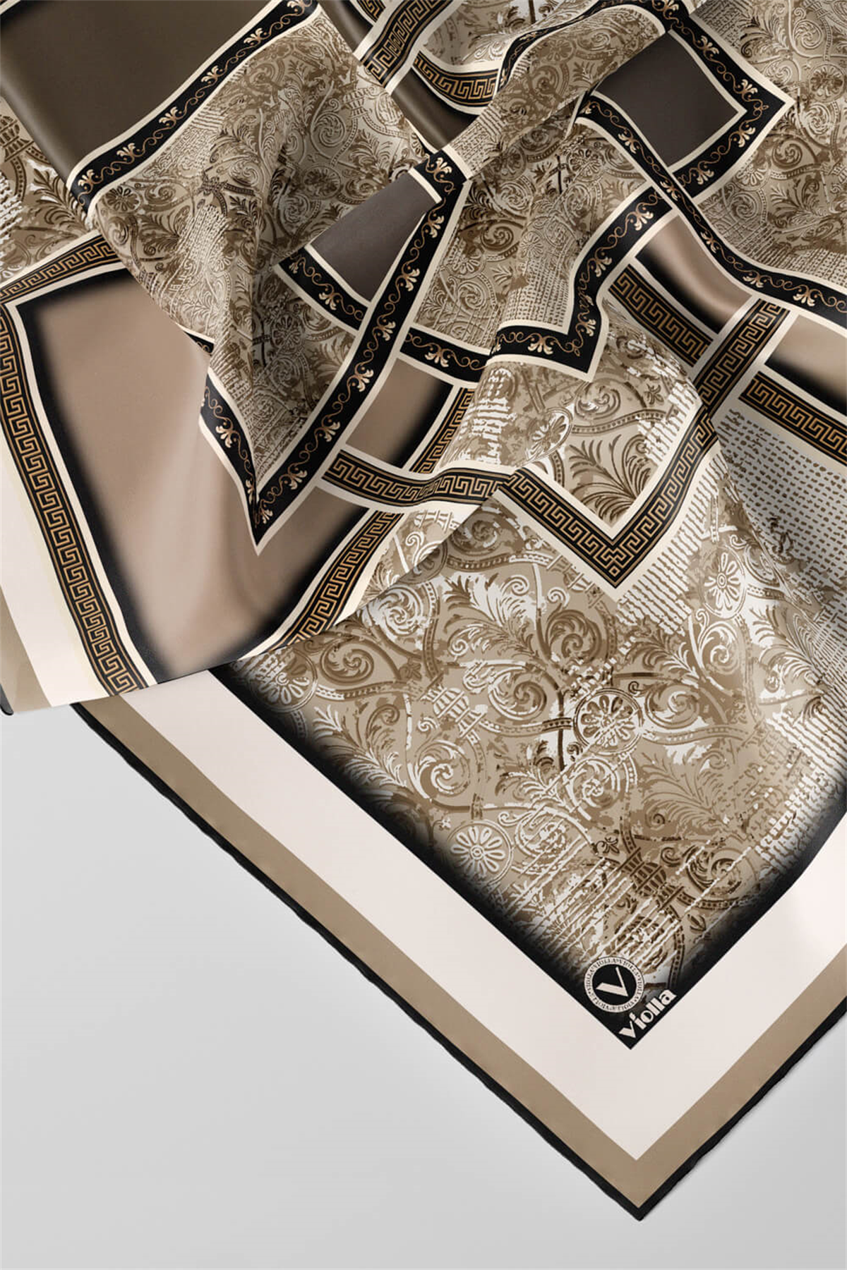 Twill Geometrik Desenli Bej Renkli 90x90 Eşarp (İpek İçermez) Kenar Dikiş Şekli El Dikişli