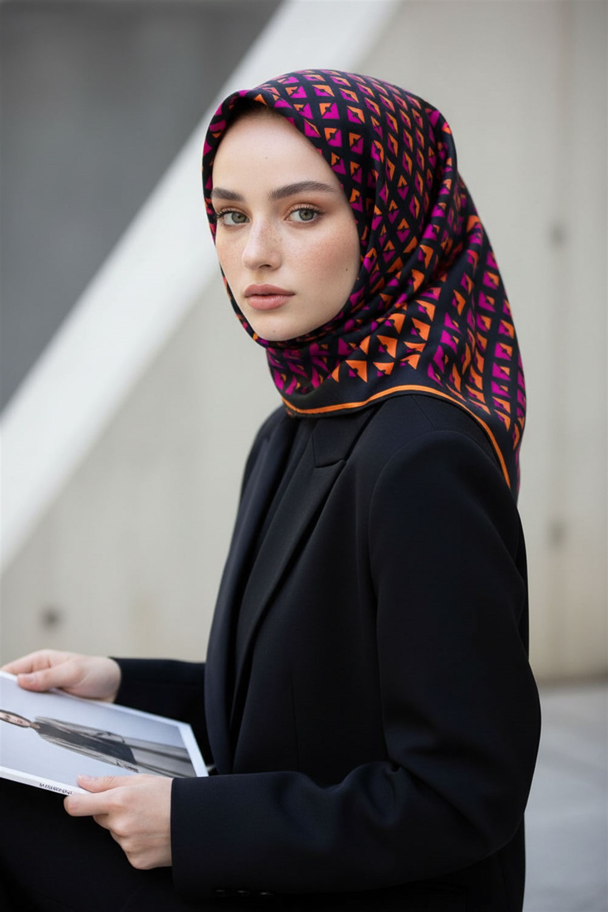 %100 Twill İpek Geometrik Desenli Fuşya - Turuncu Renkli 90x90 Eşarp Dikim Şekli : El Dikişi