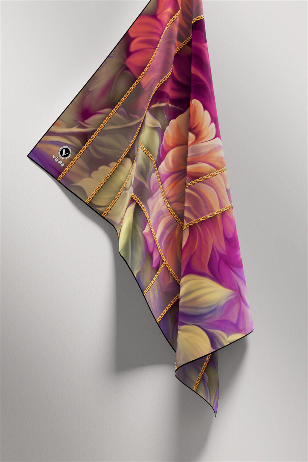 Twill Gül Desenli Fuşya - Somon Renkli 90x90 Eşarp (İpek İçermez) Kenar Dikiş Şekli El Dikişli