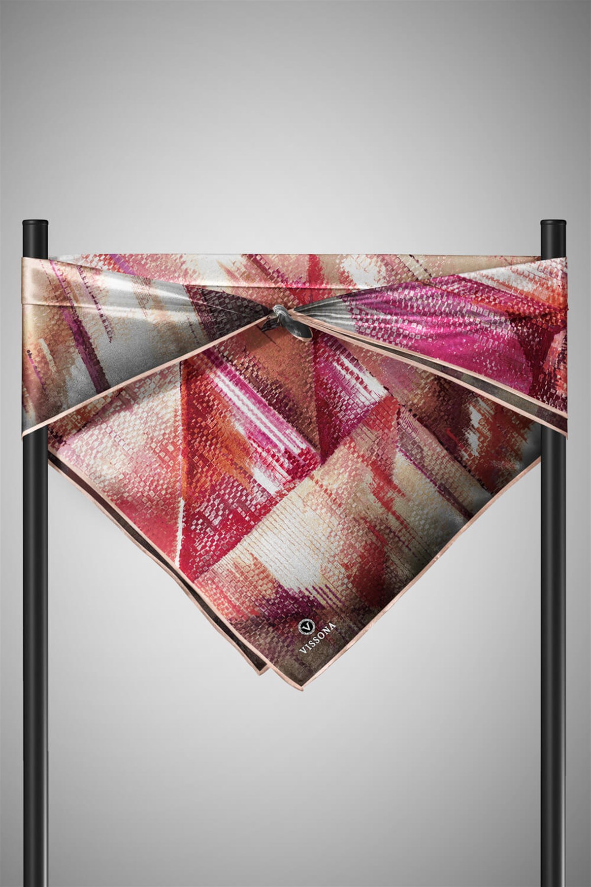 %100 Twill İpek Efektli ve Geometrik Desenli Somon - Pudra Renkli 90x90 Eşarp Dikim Şekli : El Dikişi