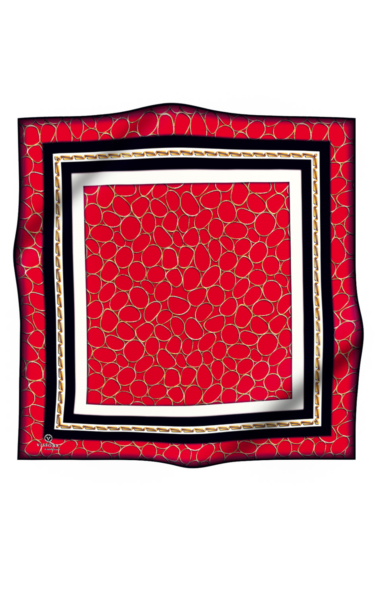 %100 Twill İpek Zincir Desenli Kırmızı - Siyah Renkli 90x90 Eşarp Kenar Dikiş Şekli El Dikişli