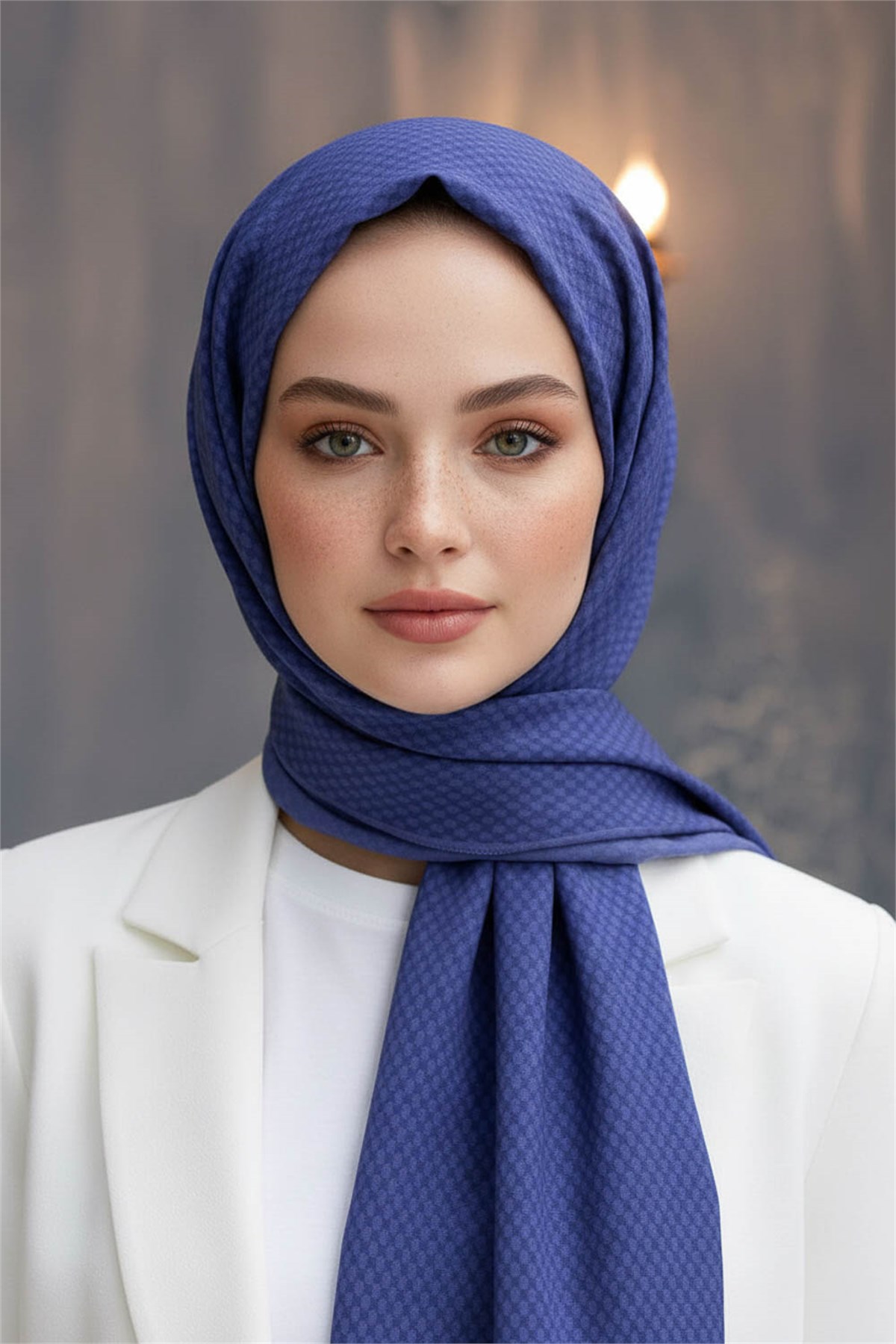 KREP HASIR DESENLİ İNDİGO RENKLİ 75X195 KIRIŞMAZ ŞAL