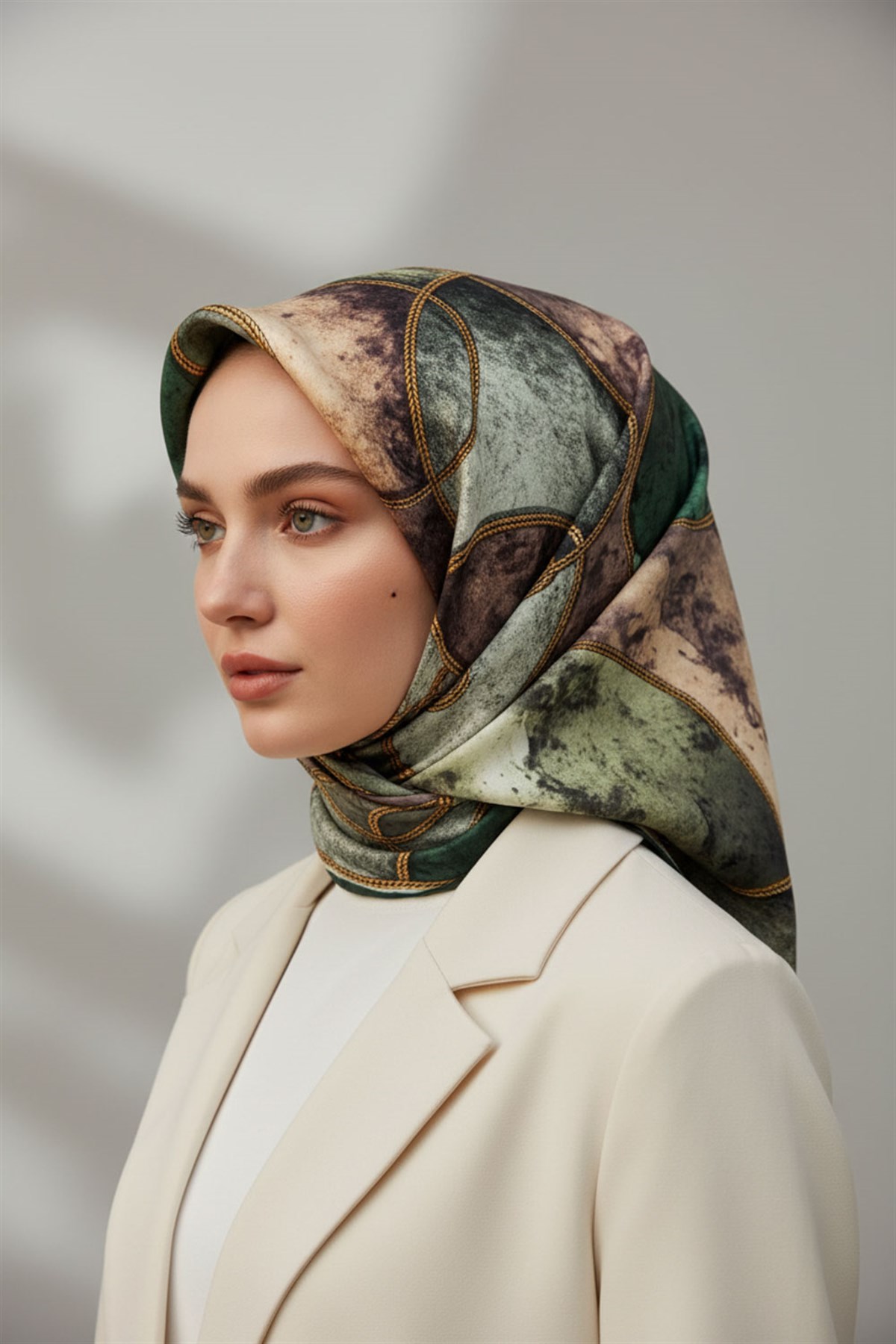 % 57 İPEK % 43 VİSKON Twill İpek Zincirli Mermer Desenli Zümrüt Yeşili - Haki Renkli 90x90 Eşarp Dikim Şekli : El Dikişi