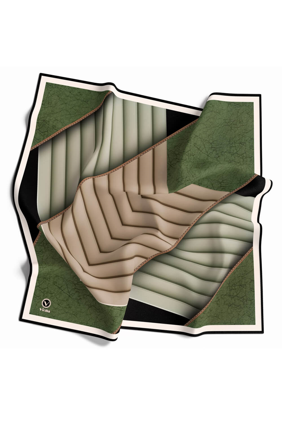 Twill Zigzag Desenli Zümrüt Yeşili Renkli 90x90 Eşarp (İpek İçermez) Kenar Dikiş Şekli El Dikişli